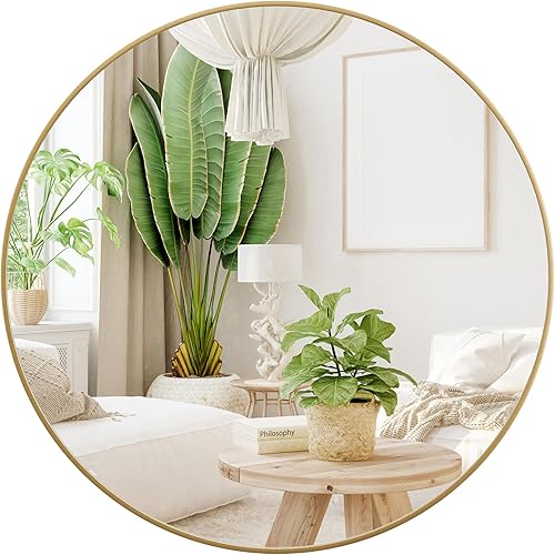 Gold Circle Mirror for Bathroom, 18 inch Round Mirror, HD Eco-Friendly Round Bathroom Mirror for Over Sink, Small Matte Gold Metal Framed Wall Mirror for Wall, Vanity, Entryway, Easy to Install