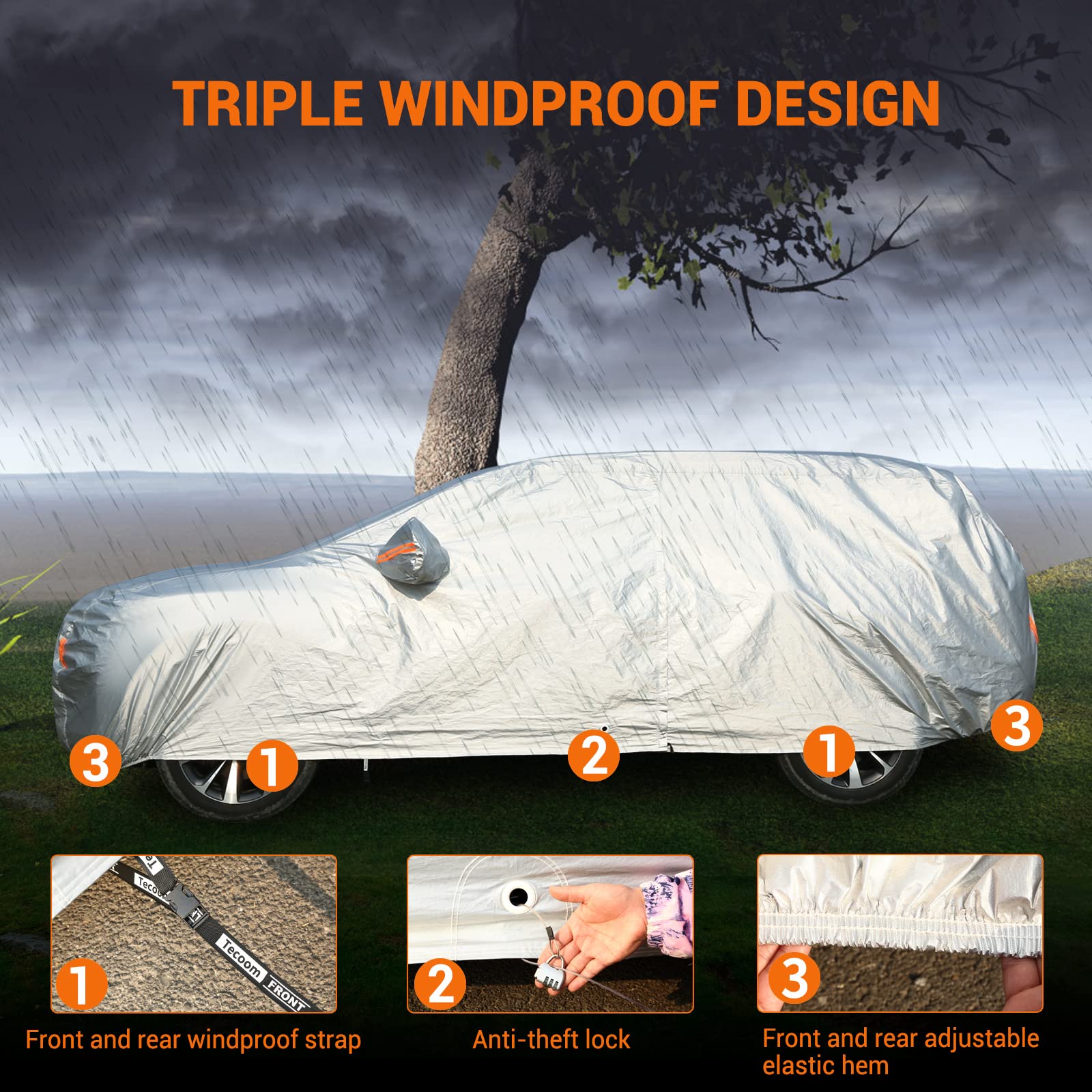 Tecoom Car Cover Waterproof All Weather, Fleece Lining with Zipper Door