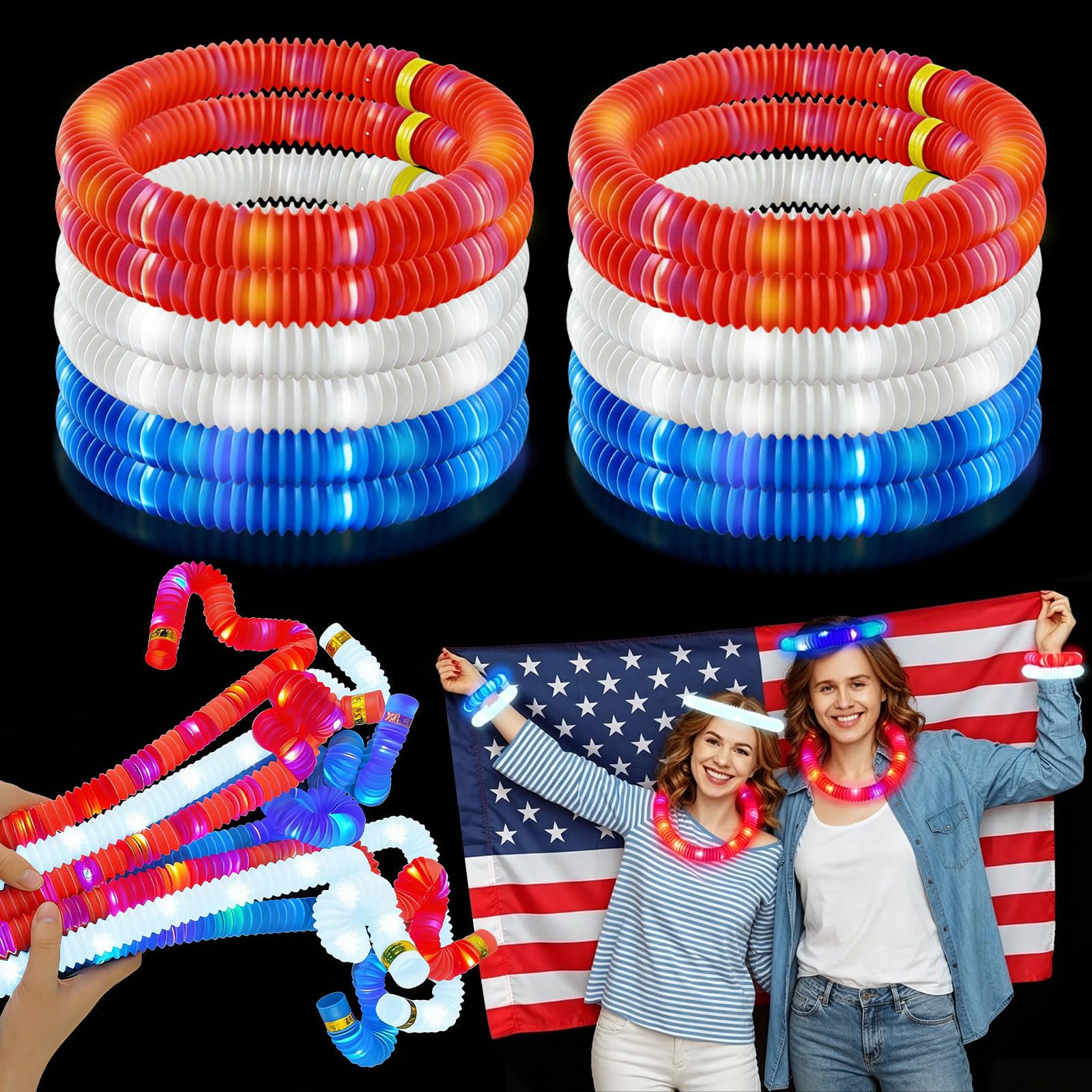 Juego de 12 varillas brillantes patrióticas rojas, blancas y azules para suministros de fiesta del 4 de julio, collares y pulseras que brillan en la oscuridad, decoraciones del Día de la