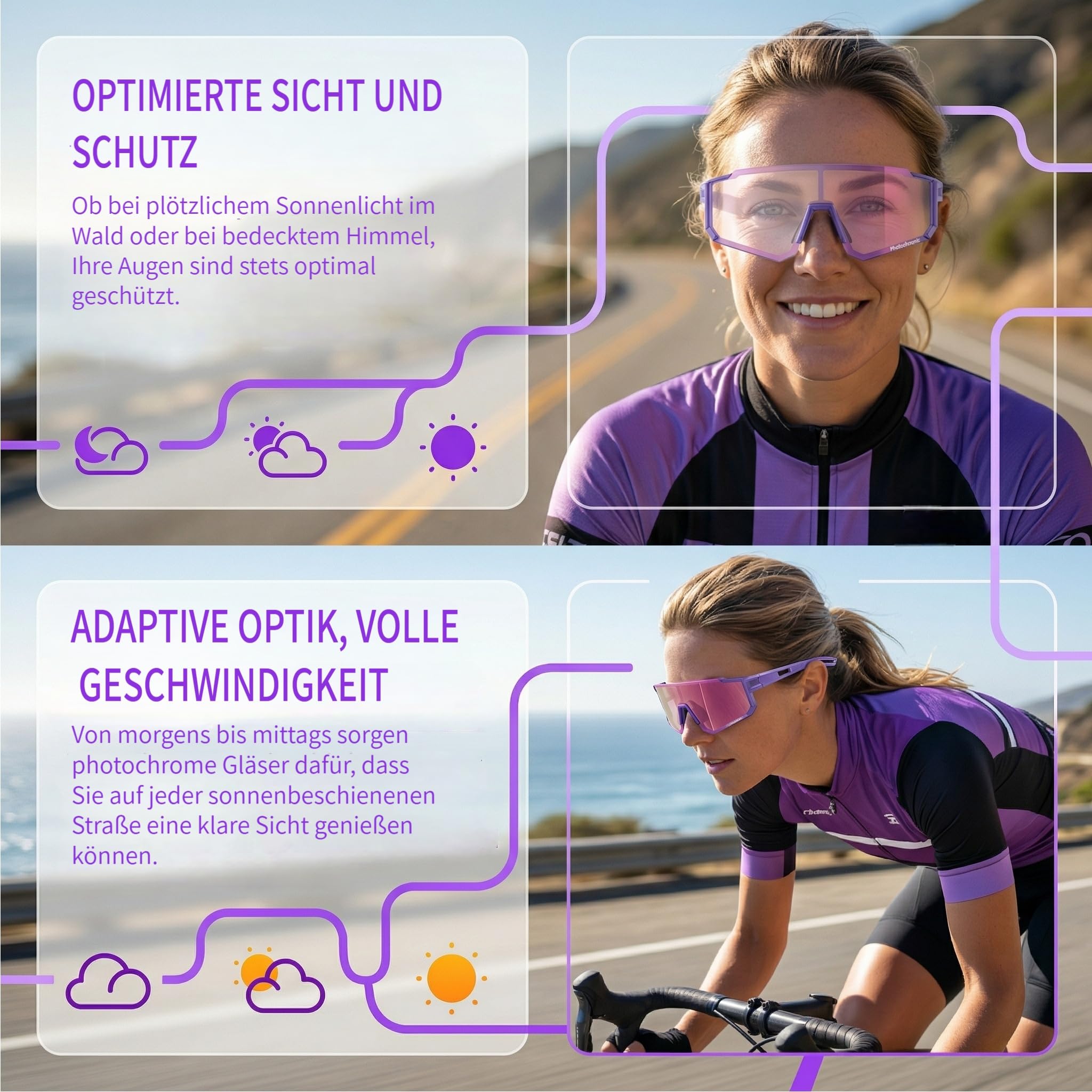 Generisch Lila Selbsttönend Fahrradbrille, Photochromatische UV400, Fahrradbrille Herren, Schnelle Brille Damen, Sportsonnenbrille Radsport Radfahren für Radfahren Laufen Baseball Mtb