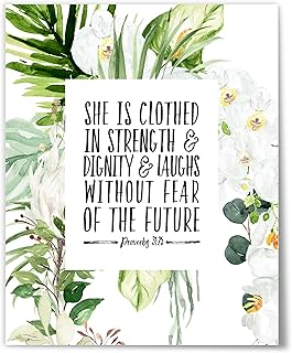 Proverbs 31:25, She is clothed in strength & dignity, Modern Scripture Print For Her, Bible Verse Print, Christian Poster, 8" x 10", Unframed