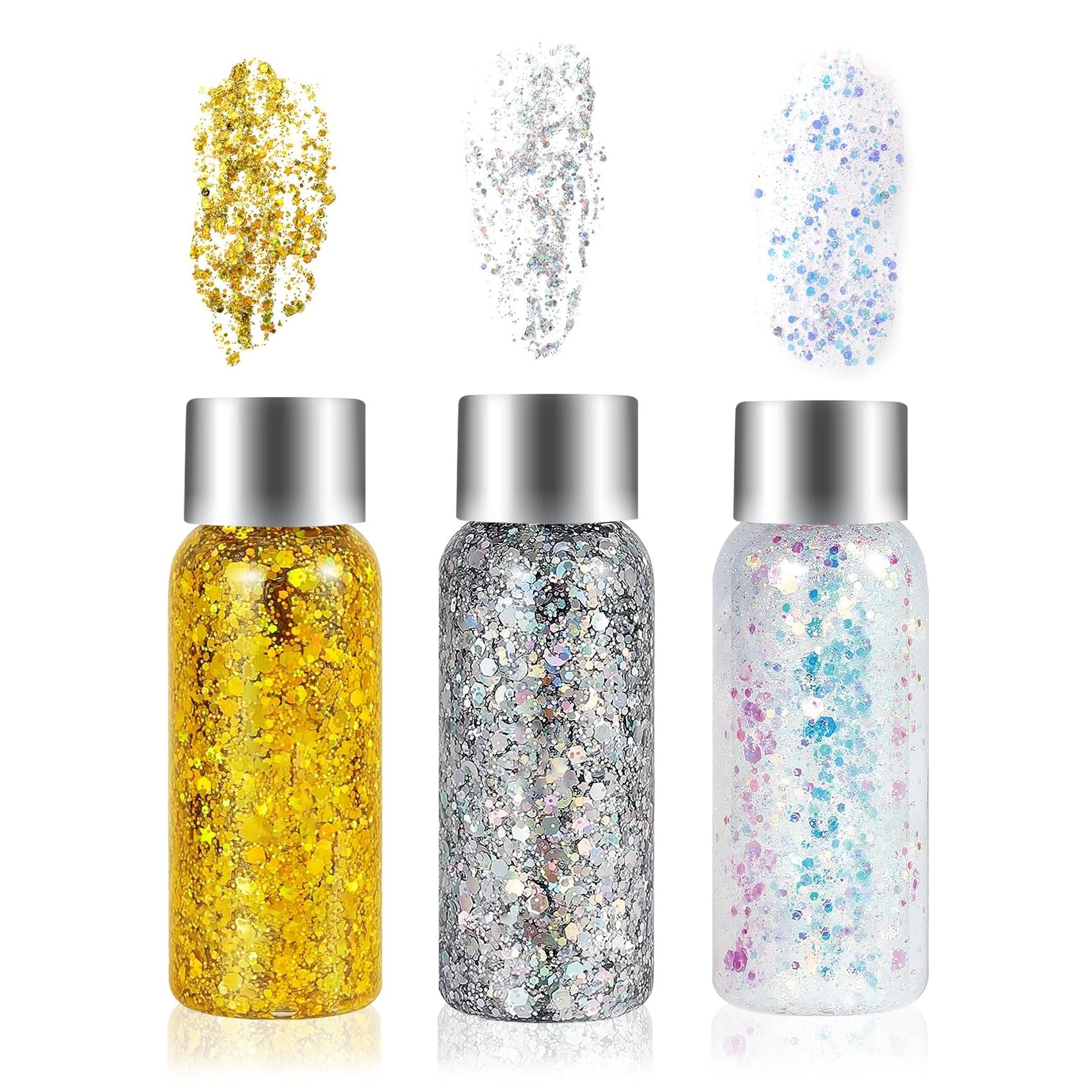 3 Colores Gel Purpurina Cara, Chunky Sirena Lentejuelas Purpurina Líquida, Gel de Purpurina Corporal Purpurina Pelo Maquillaje, Body Glitter Gel para Halloween Festival Masquerade Cumpleaños
