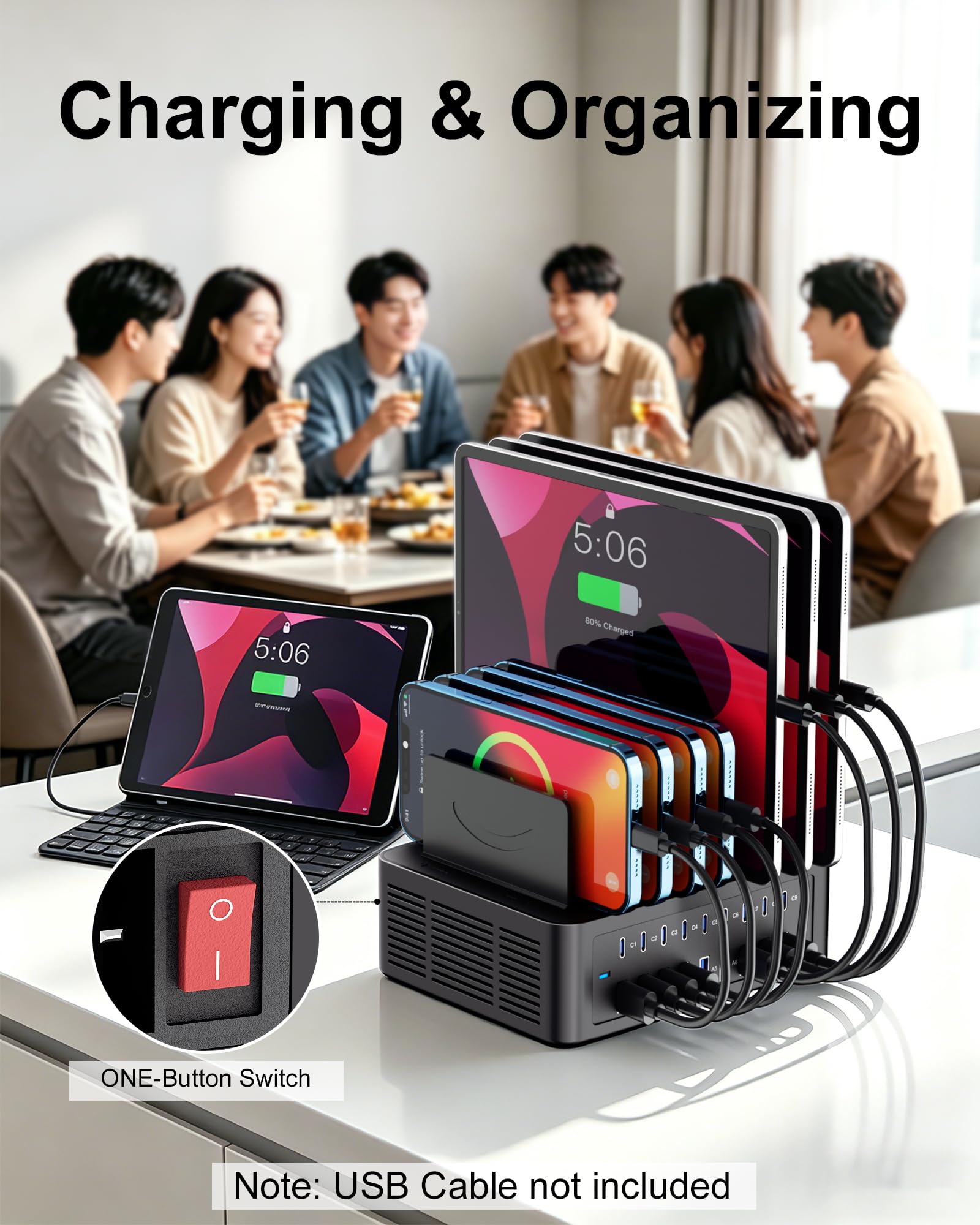 Estación de carga de 200 W/40 A para múltiples dispositivos, cargador rápido USB C de 18 puertos | Con separadores ajustables, base de carga organizadora múltiple para smartphone, iPad, Kindle, tableta y más