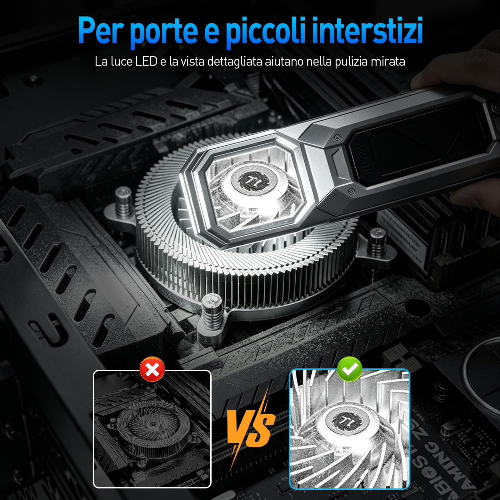 Aria Compressa Elettrico - Motore Brushless 130000 RPM, 8000mAh | Ricarica USB, Riutilizzabile, Soffiatore a Batteria con Luce LED e Kit Pulizia PC per Computer, Auto ed Elettronica, 4 ugelli