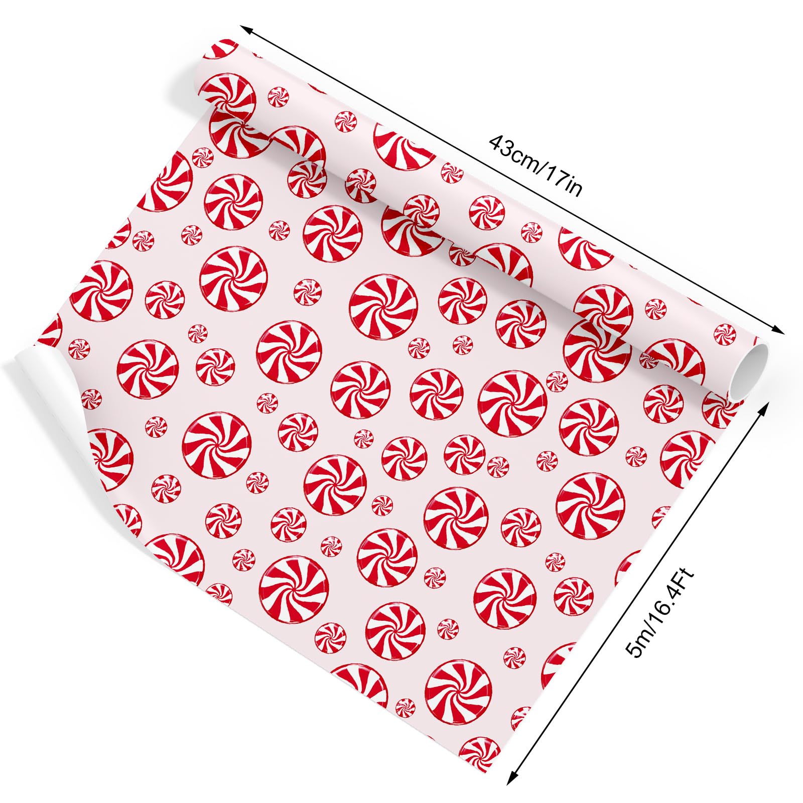 JarThenaAMCS Weihnachts-Geschenkpapier – Mini-Rolle – 43,2 cm x 5,2 m Zuckerstangen-Geschenkpapier, rot, rosa, dekoratives Kunstpapier für Weihnachten, Basteln, 3 Rollen