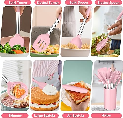 Miniatura 6 de TeamFar Juego de 14 utensilios de cocina de silicona, con mango de acero inoxidable, para freír, servir, voltear y escurrir, no tóxico y resistente