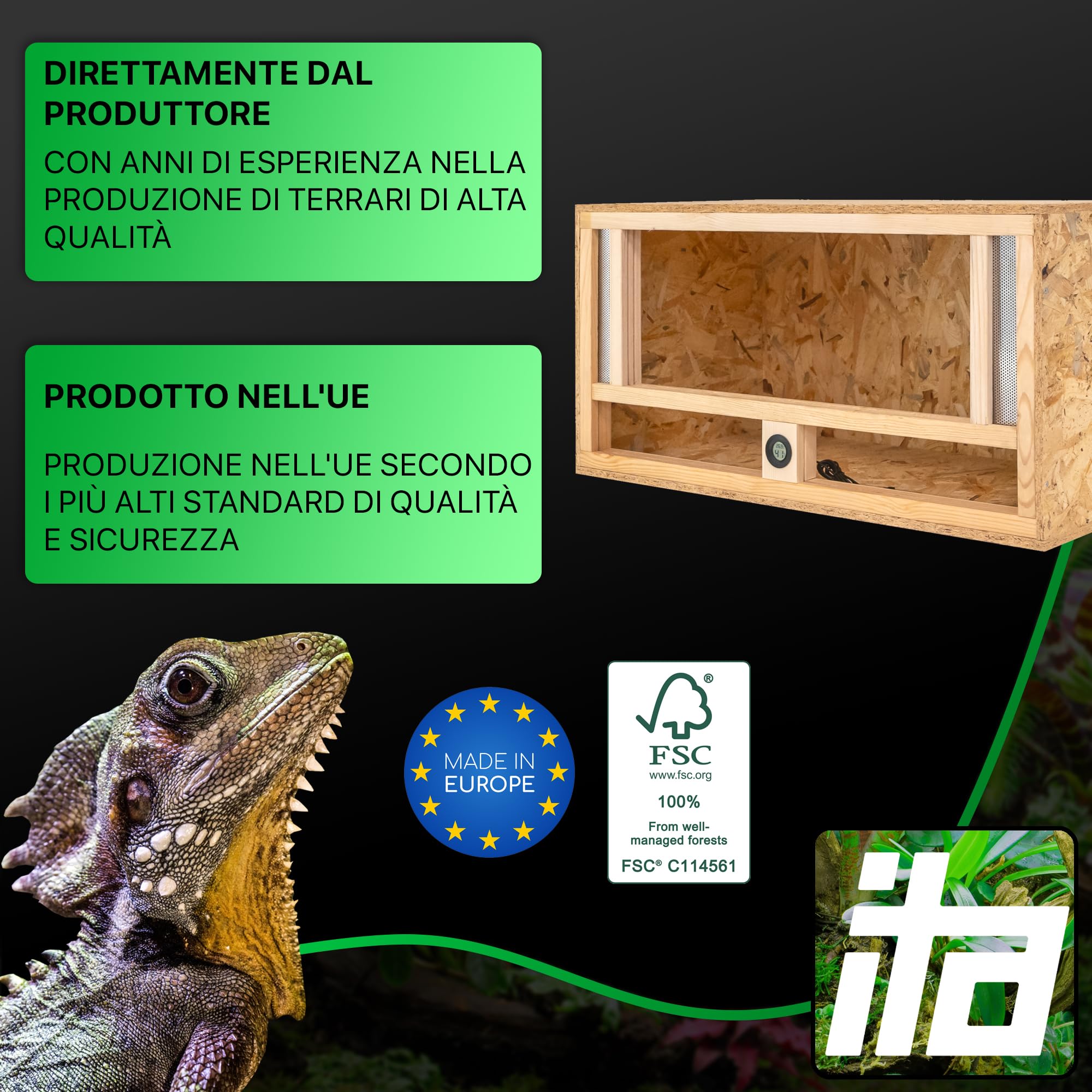 ITA Terrario in legno 80x40x40 cm con ventilazione frontale e igrometro integrato - Terrario in legno OSB-3 - Per rettili, serpenti, anfibi - Prodotto UE, certificato FSC