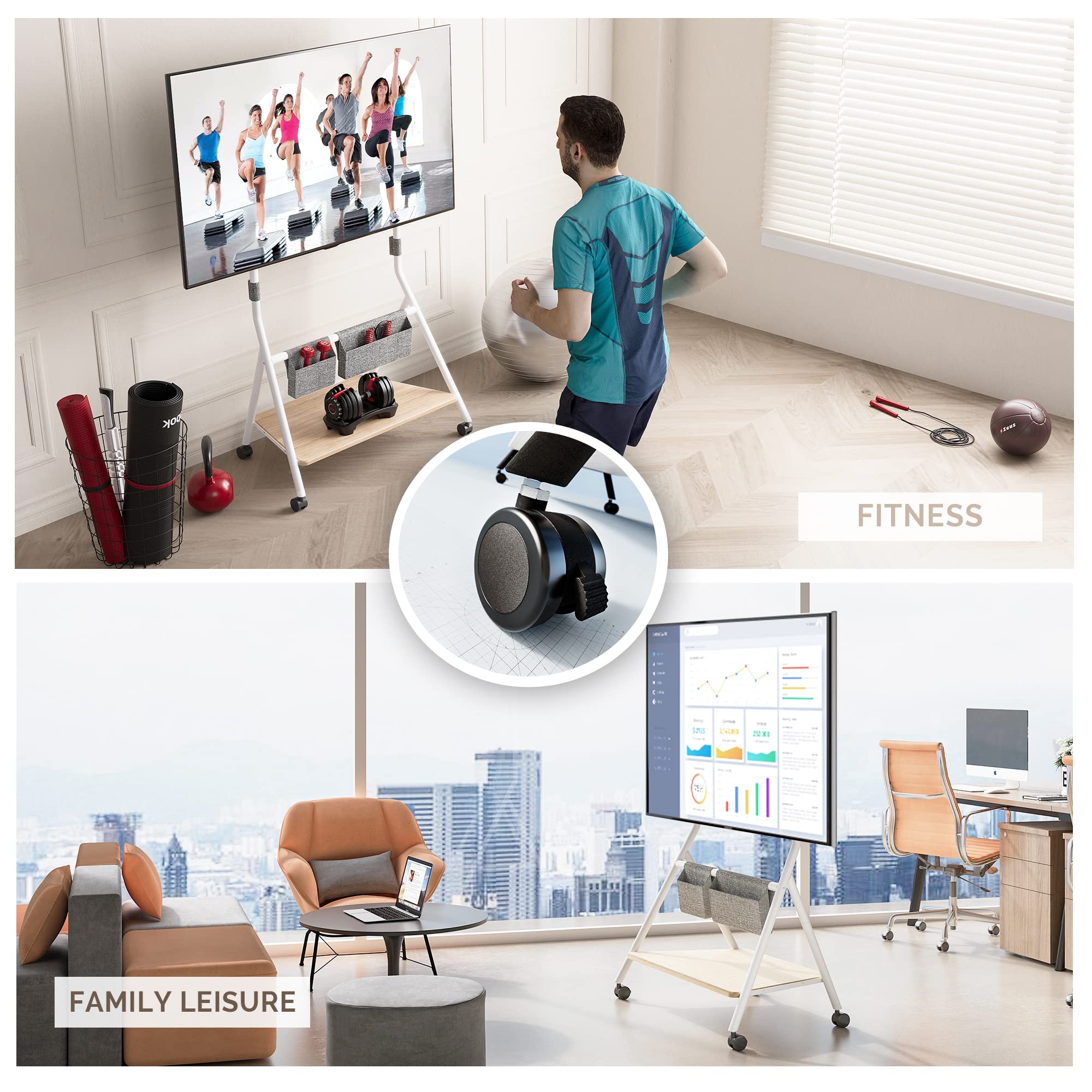FITUEYES Supporto TV da Pavimento per Schermi 55 60 65 75 78 Pollici con Ruote, Carrello Moderno Mobile TV ad Angolo con Ripiani in Legno, Serie COLLECTOR