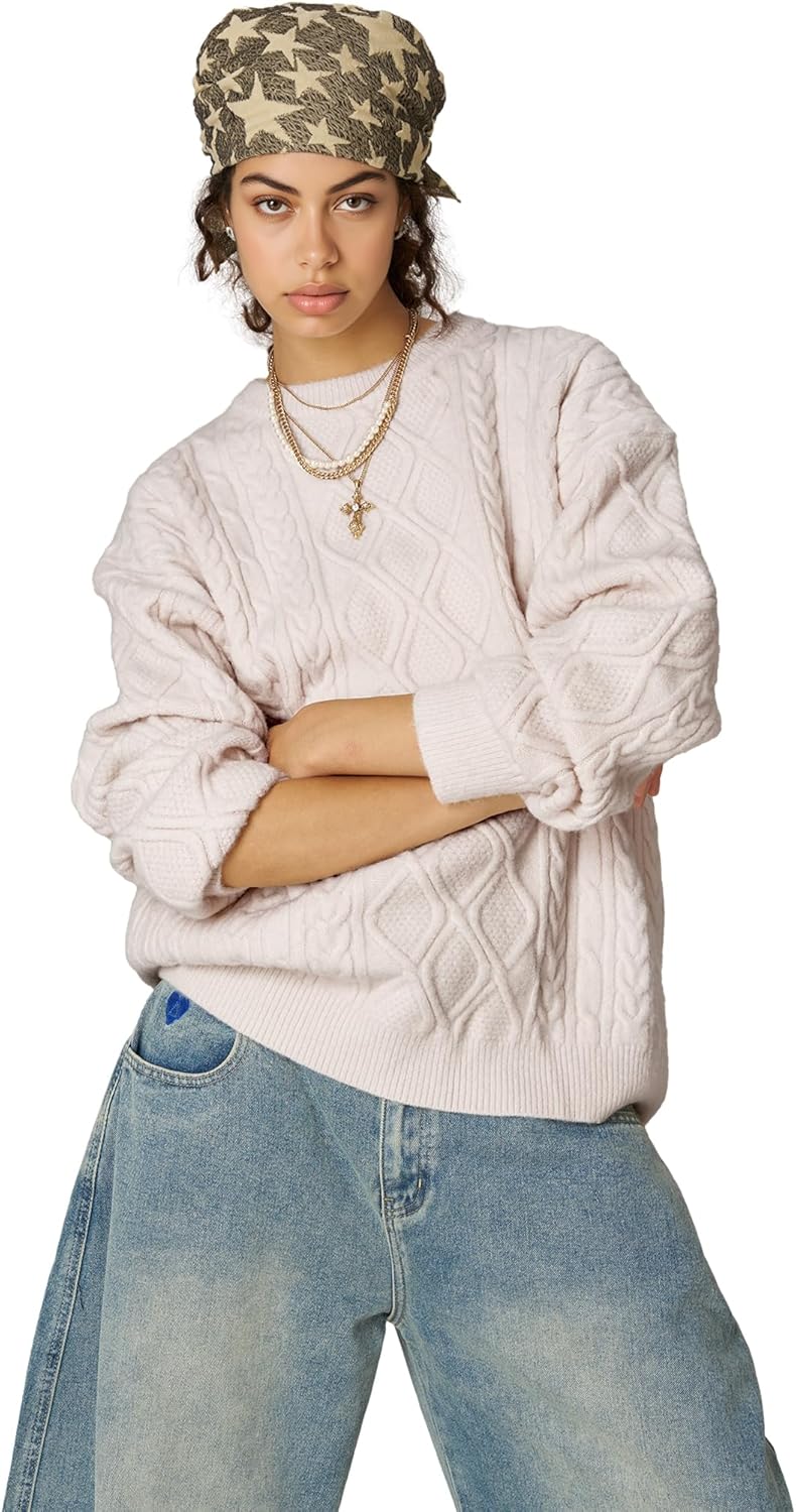 Aelfric Eden Women's Oversized Cable Knit Crewneck Sweaters Long Sleeve Sweater Chunky Loose 2025 Outfits Pullover - Image 4