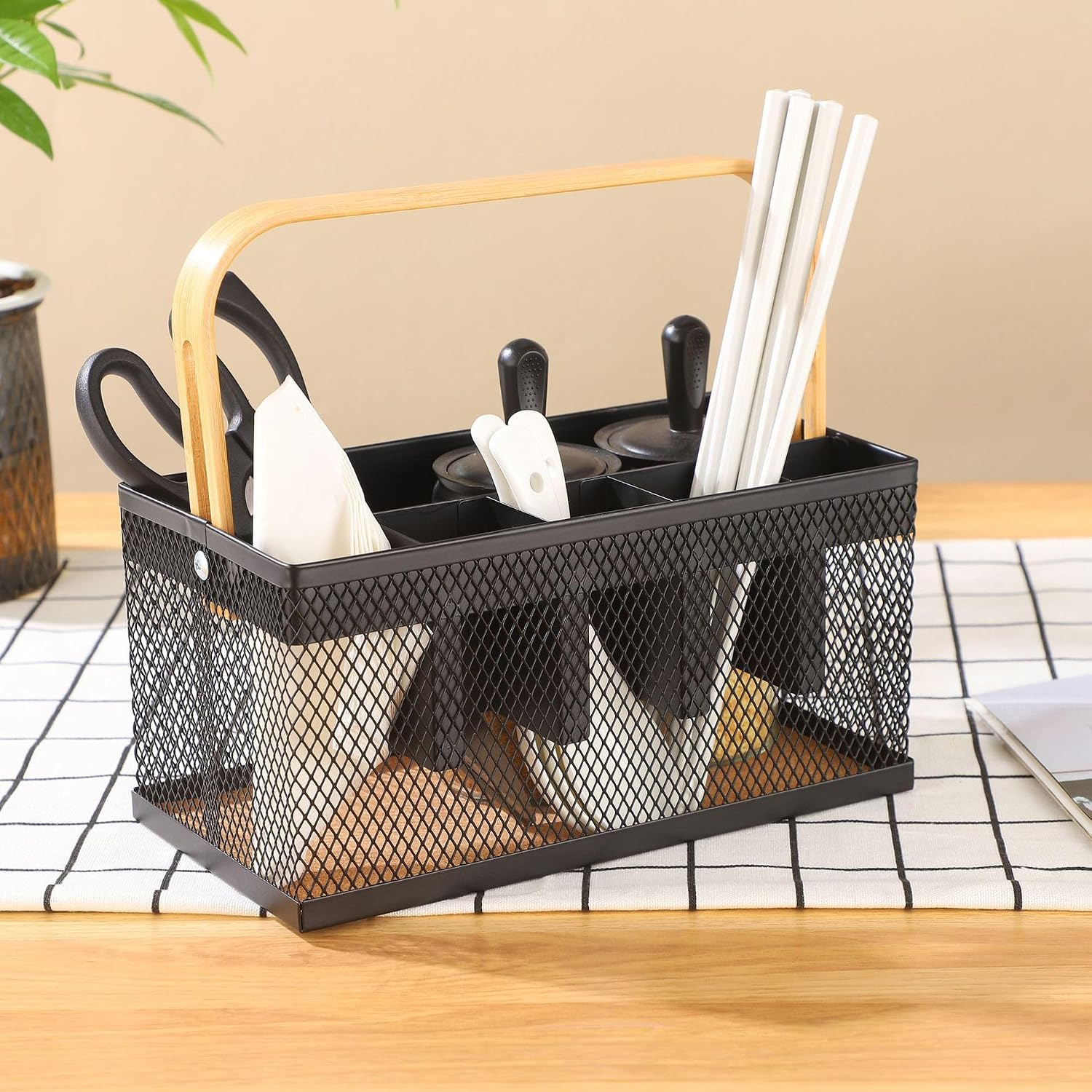 AJIODA Utensil Caddy Metal Mesh Silverware Cutlery Organizer Basket with Bamboo Handle, Multi-Purpose Steel Wire Caddy 6 Compartment Flatware Basket for Kitchen, Countertop, Picnic, Restaurant, Black image 2