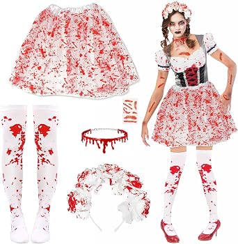 5pcs Halloween Outfit Set,Tutu Skirt Blood Drop Necklace Blood-Red Rose Headband Blood-Stained Pattern Stockings Horror Scar Tattoo Sticker Accessories Set For Women Bloody Horror Theme Party