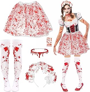5pcs Halloween Cosplay Costume Set,Tutu Skirt Blood Drop Necklace Blood-Red Rose Headband Blood-Stained Pattern Stockings Horror Scar Tattoo Sticker Accessories Set For Women Bloody Horror Theme Party