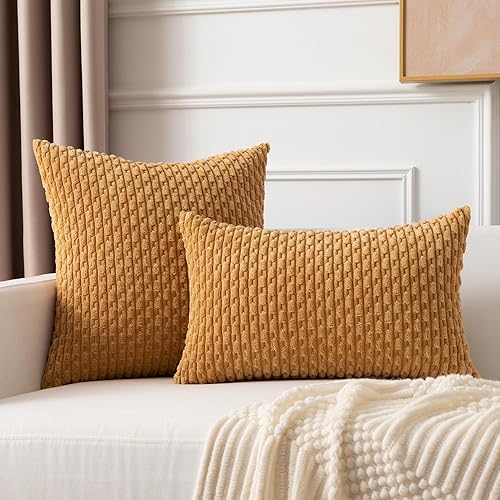 Vista 38 de Kevin Textile - Juego de 2 fundas decorativas para cojines, de pana y con moderno estilo campestre bohemio a rayas para decorar hogar, sofá, cama