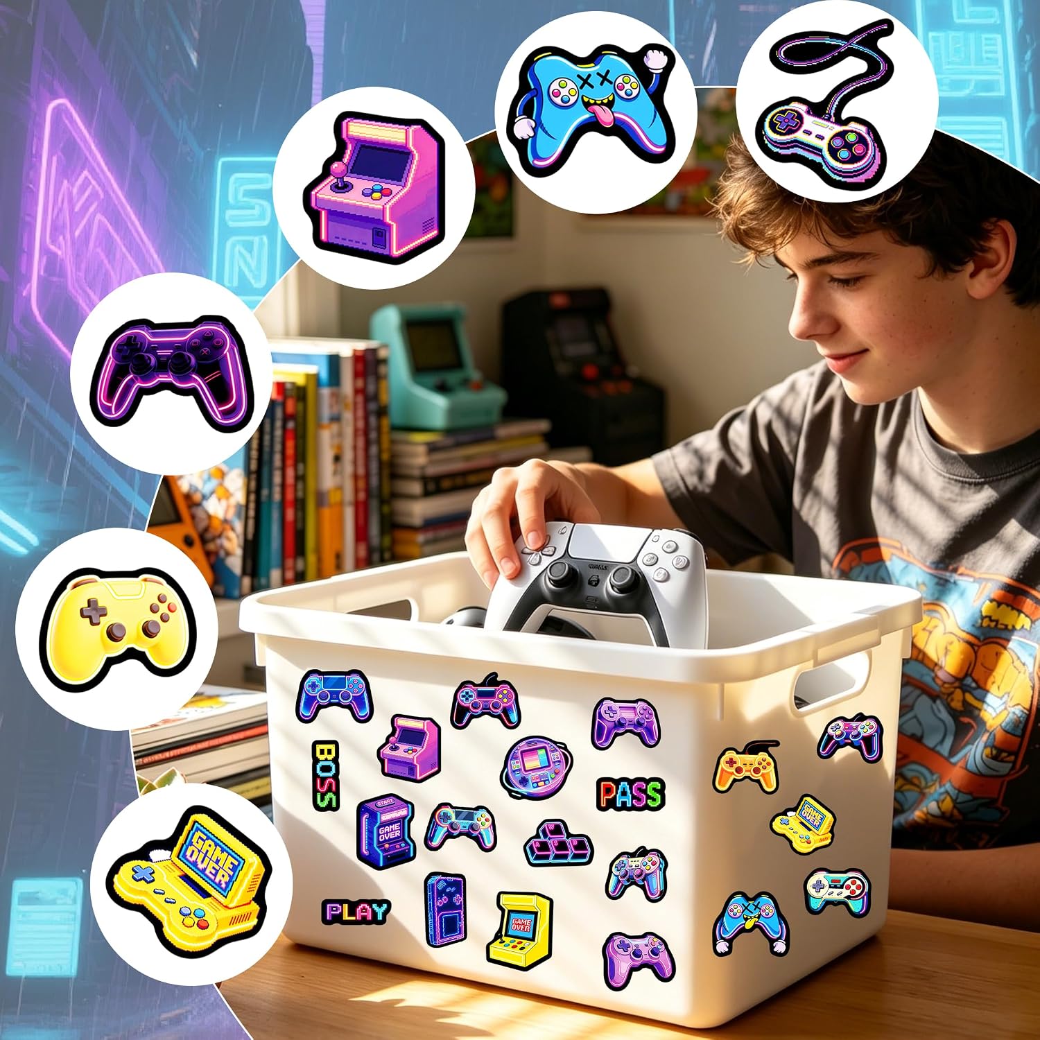 50Pcs Neon Game Water Bottle Stickers for Kids, Neon Video Gaming Sticker for Water Bottle, Vinyl Waterproof Laptop Decals for Gamers Teens Adults Sticker Pack image 5