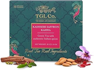TGL Co. Kashmiri Kahwa Tea | Saffron-Infused Loose Green Tea with Cardamom, Cinnamon, Clove, Almonds | Authentic Indian Spiced Tea Blend (16 Tea Bags)