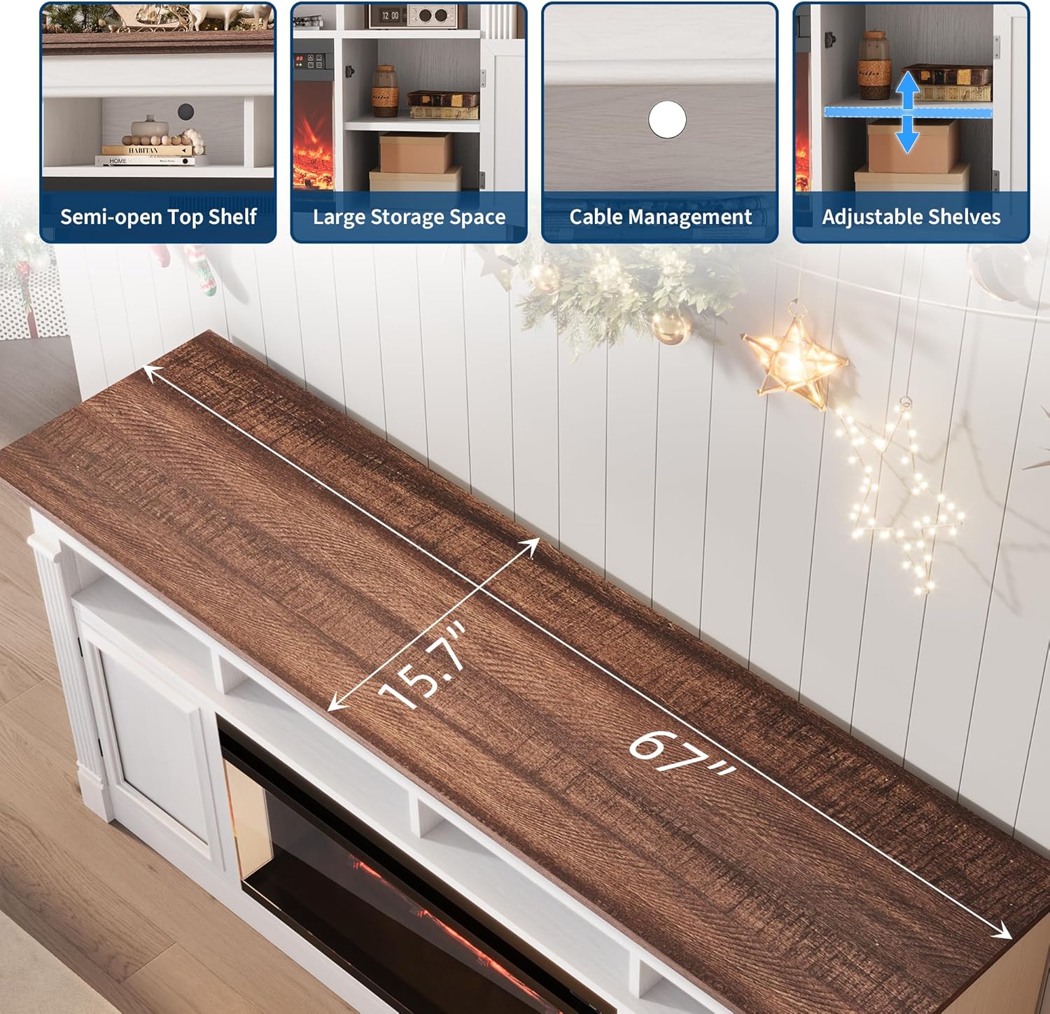 68" Farmhouse Electric Fireplace TV Stand for TV Up to 75", Entertainment Center with 36'' Fireplace, Console Table TV Cabinet with Open Storage Shelves for Living Room