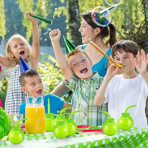 Miniatura 5 de Gerrii 12 juegos de copas de fiesta de pelota de tenis con pajitas y tapas, vasos de plástico de 10 onzas a granel para niños, cumpleaños, fiestas