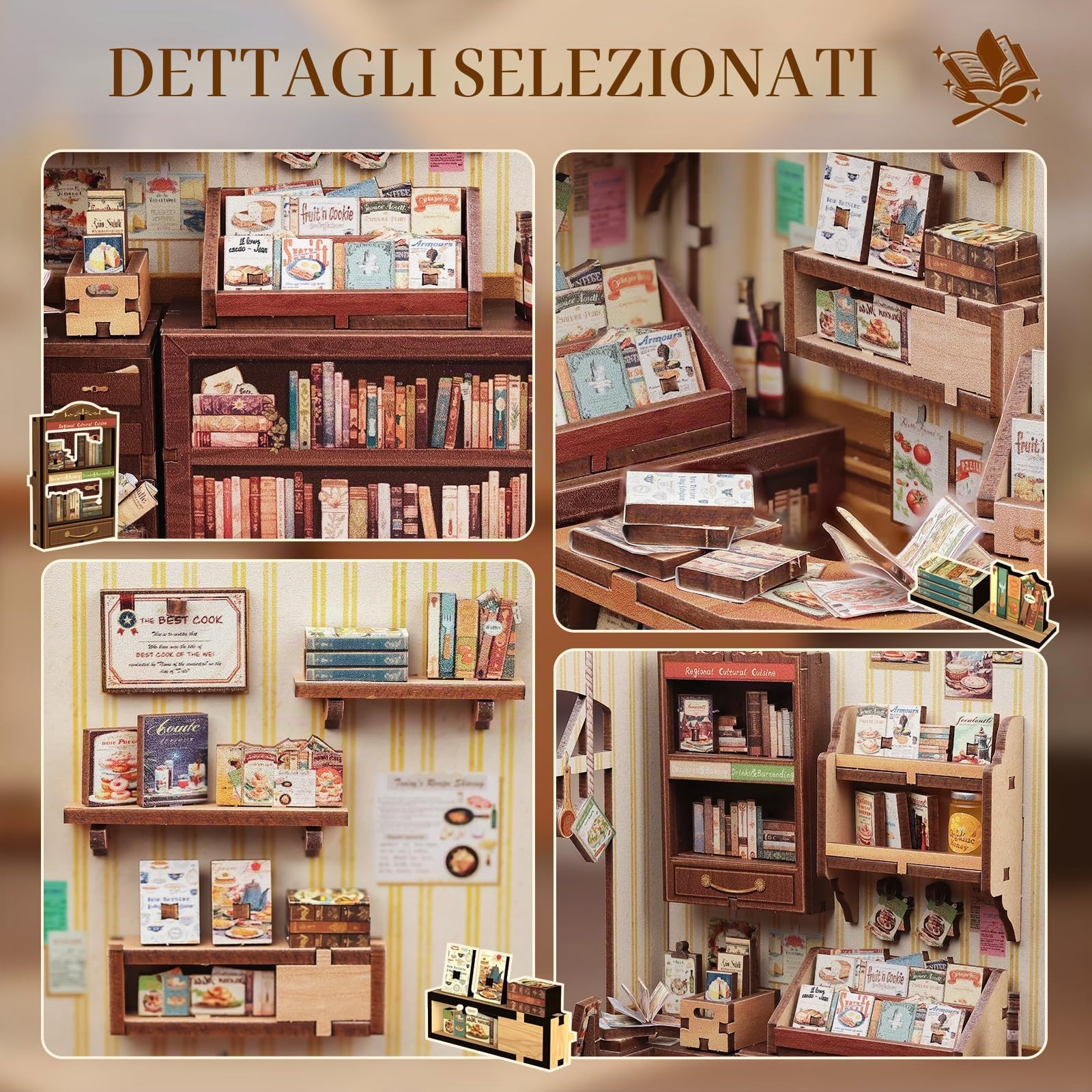 Cutefun Book Nook, kit fai da te per casetta in miniatura per adulti, scaffale per libri, puzzle 3D in legno, mini kit modello artigianale, regalo per donne amanti dei libri (Cooking Bookstore)