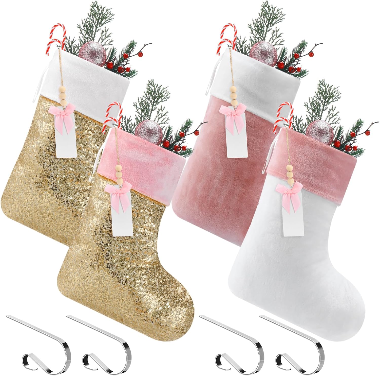 4 Set 18" Christmas Stockings with Wooden Name Tags Mantle Hooks Faux Fur Hanging Stocking Bulk for Fireplace Tree Party Decorations(Plush Sequins)