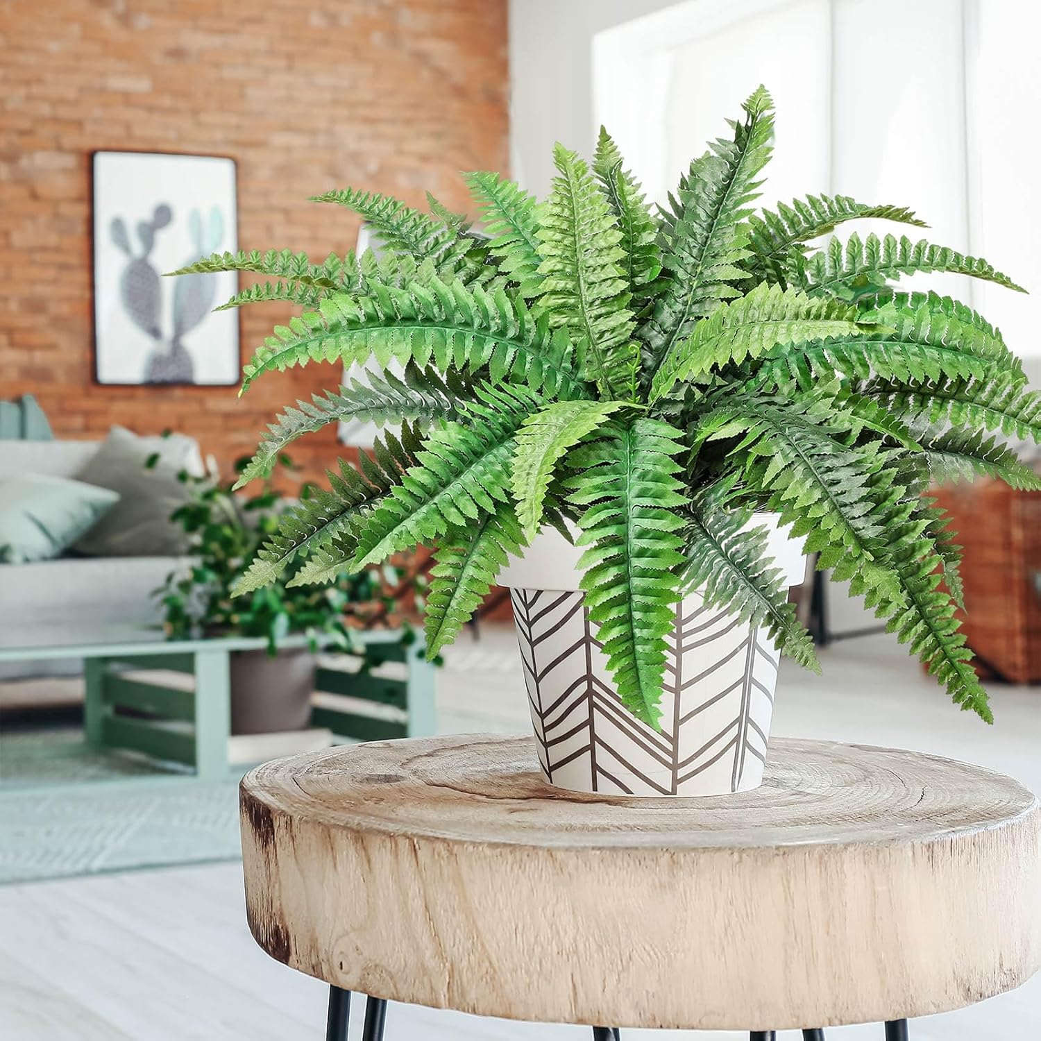 23.6'' Fake Ferns Potted Plant, Artificial Boston Ferns in Pot 34 Leaves, Faux Boston Bush Artificial Greenery for Outdoor Indoor Patio Garden Farmhouse Windowsill Porch Home Decor