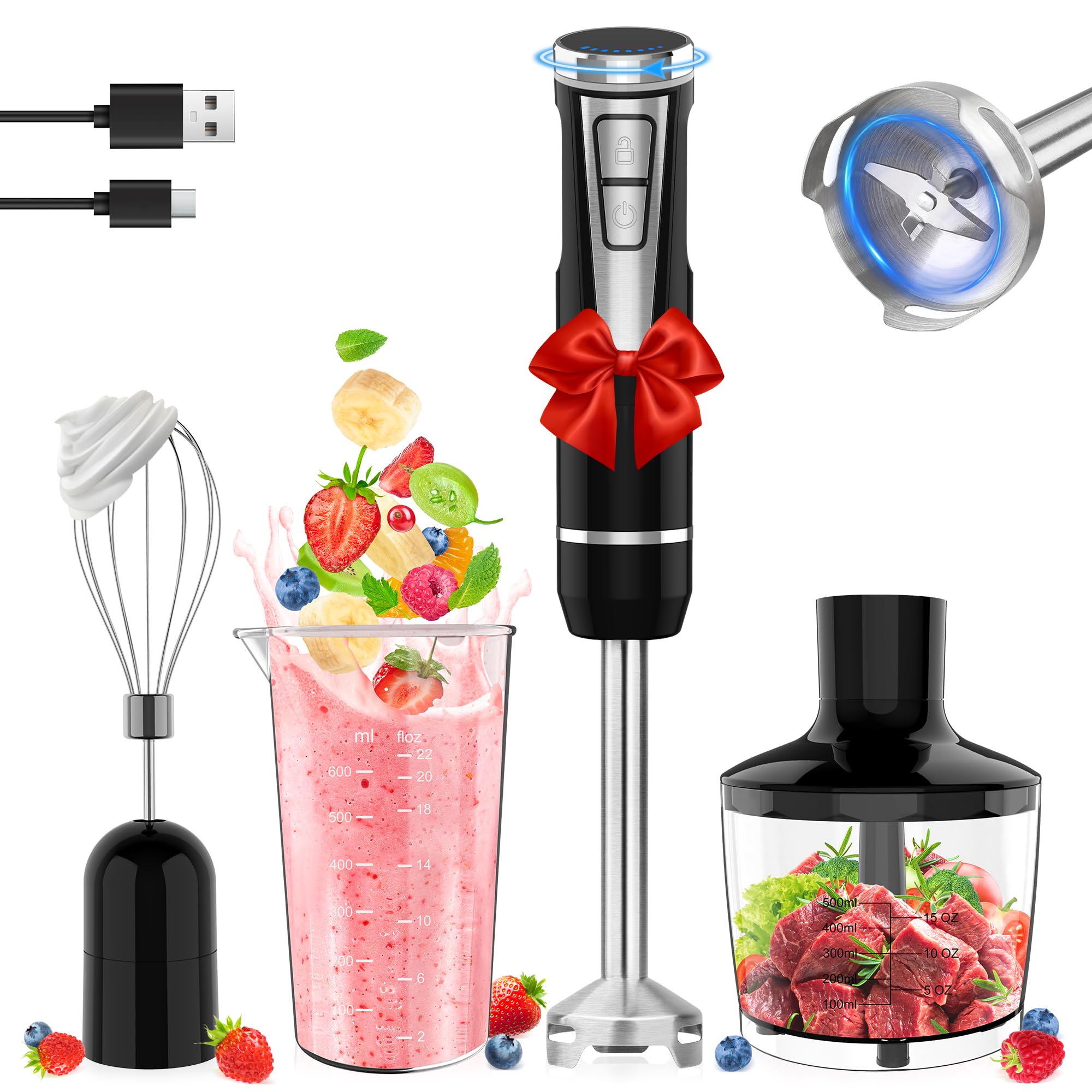 Cordless Immersion Blender Handheld 4-in-1 Cordless Hand Blender with 500ml Chopper 600ml Beaker Egg Whisk 8 Speeds USB