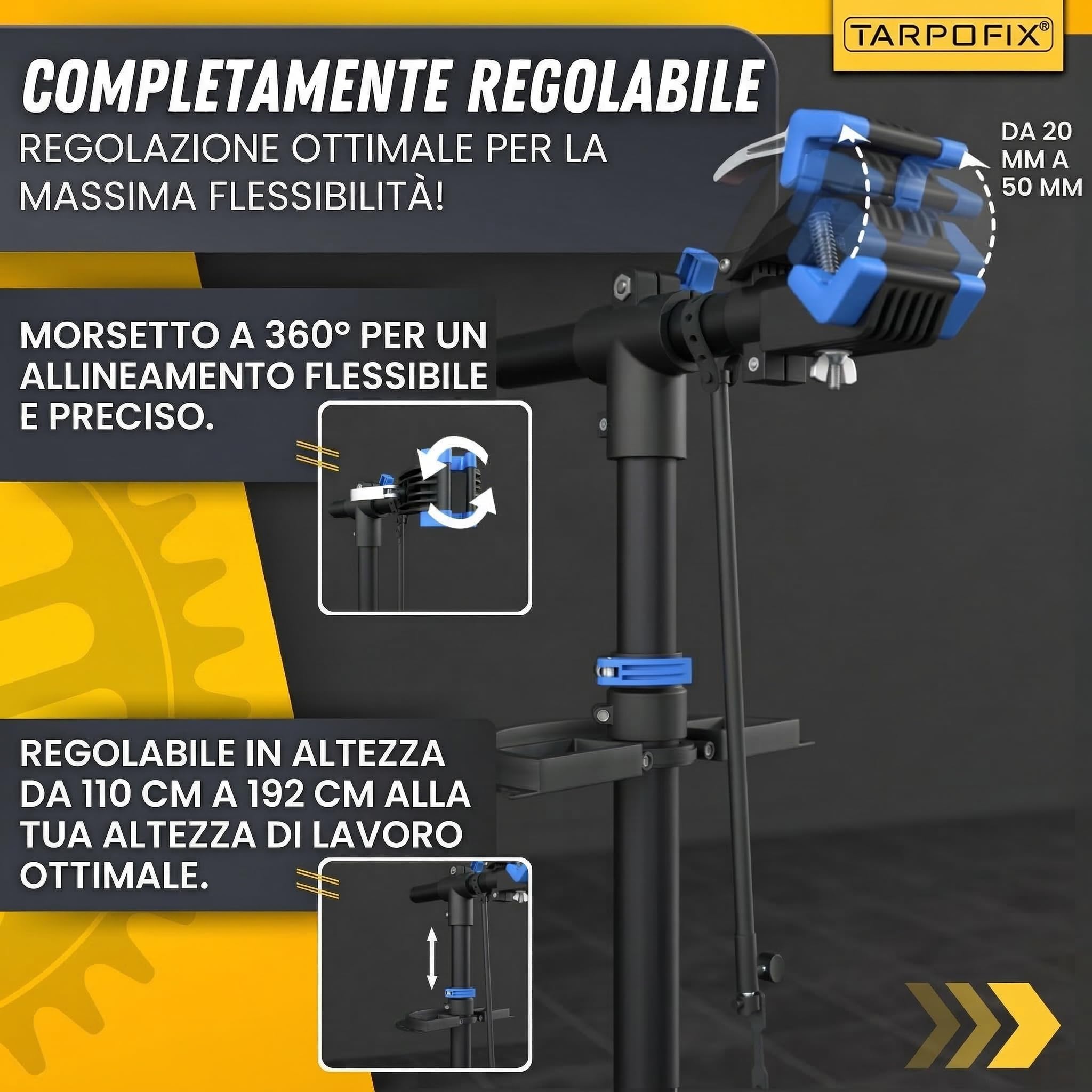 Tarpofix® Cavalletto Manutenzione Bici fino a 30 kg | Premium Cavalletto Bici | Stabile e Regolabile per Bike ed E-Bike | Supporto Professionale per Riparazioni e Manutenzione Bicicletta | Blu