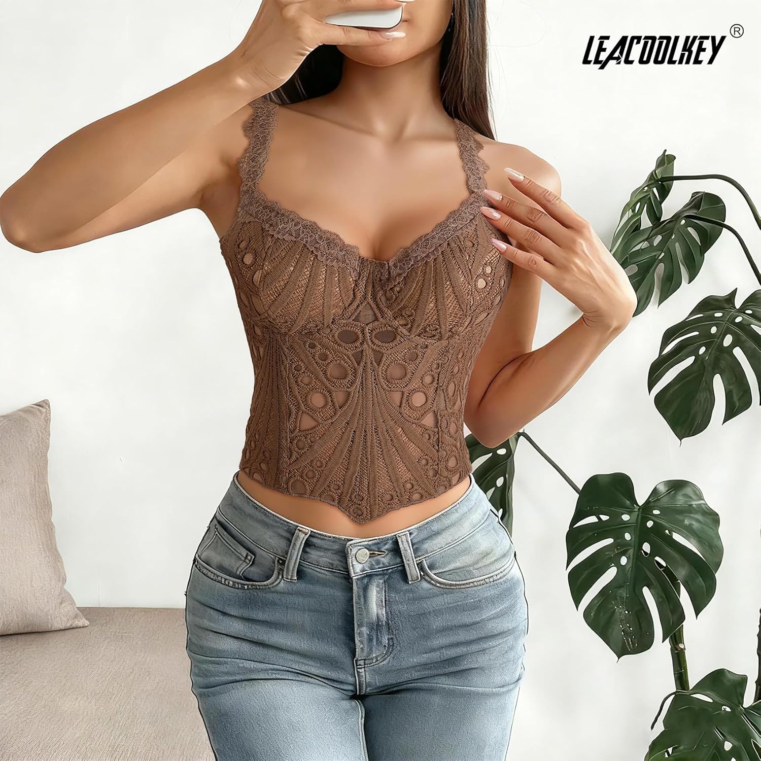 LEACOOLKEY Lace Corset Top for Women Sexy Sheer Floral Bustier Going Out Lace-up Bralette Club Party Concert Crop Top - Image 2