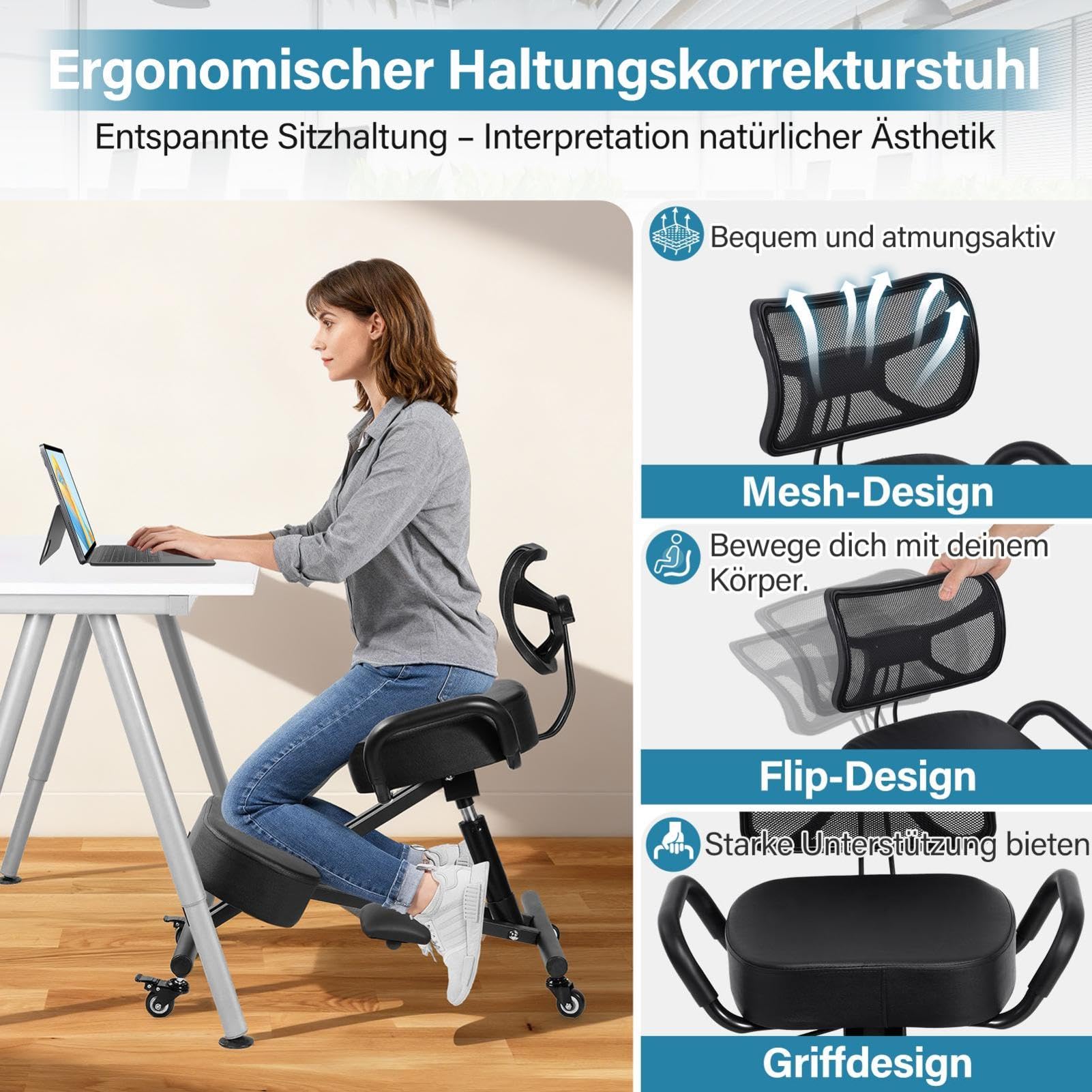 Generisch Kniestuhl, Ergonomischer Kniestuhl mit Rückenlehne und Fußstütze | Höhenverstellbarer Haltungsstuhl mit Feststellrä-dern für das Homeoffice, Haltungskorrekturhocker