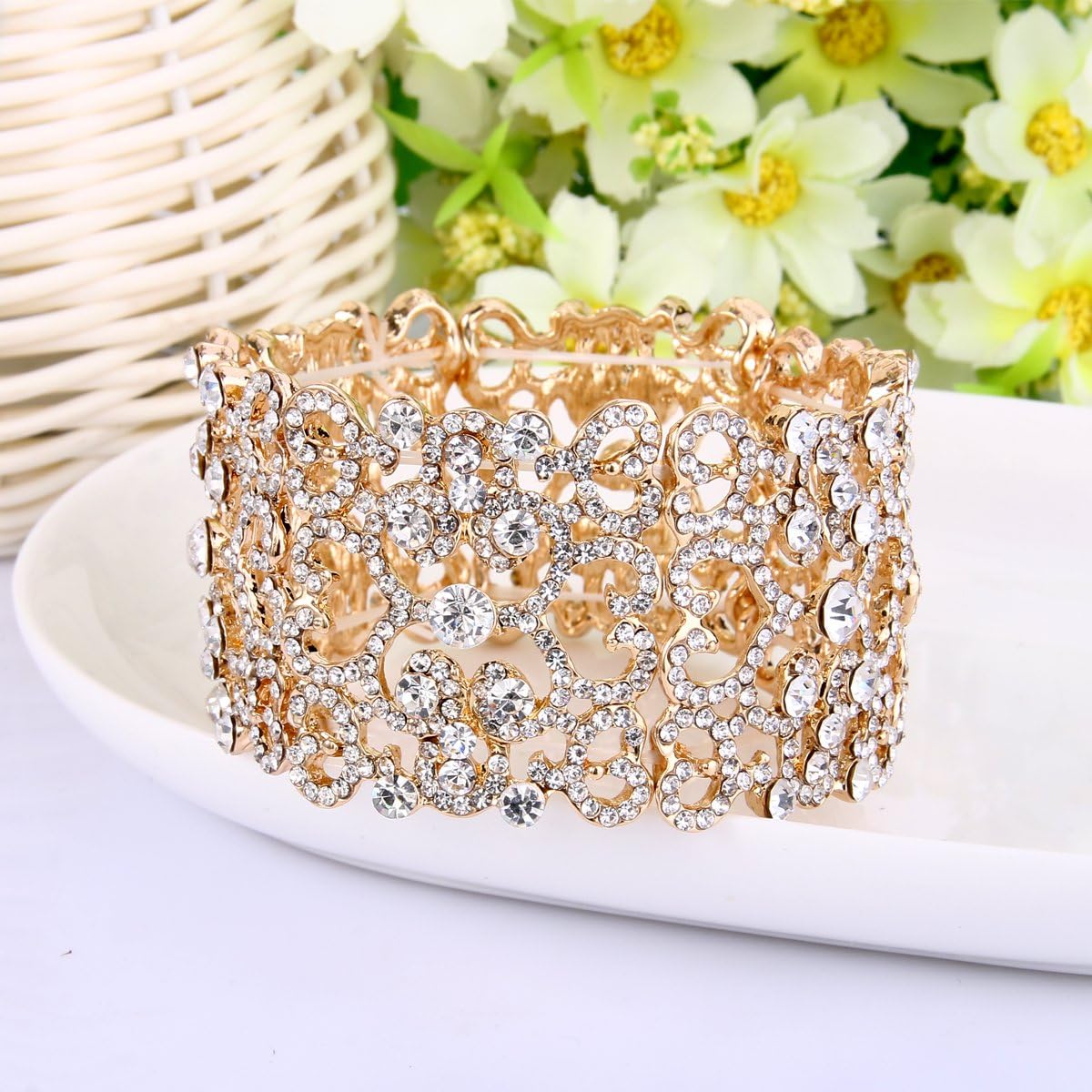 EVER FAITH Women's Austrian Crystal Bride Heart Art Deco Elastic Stretch Bracelet Clear - Image 4