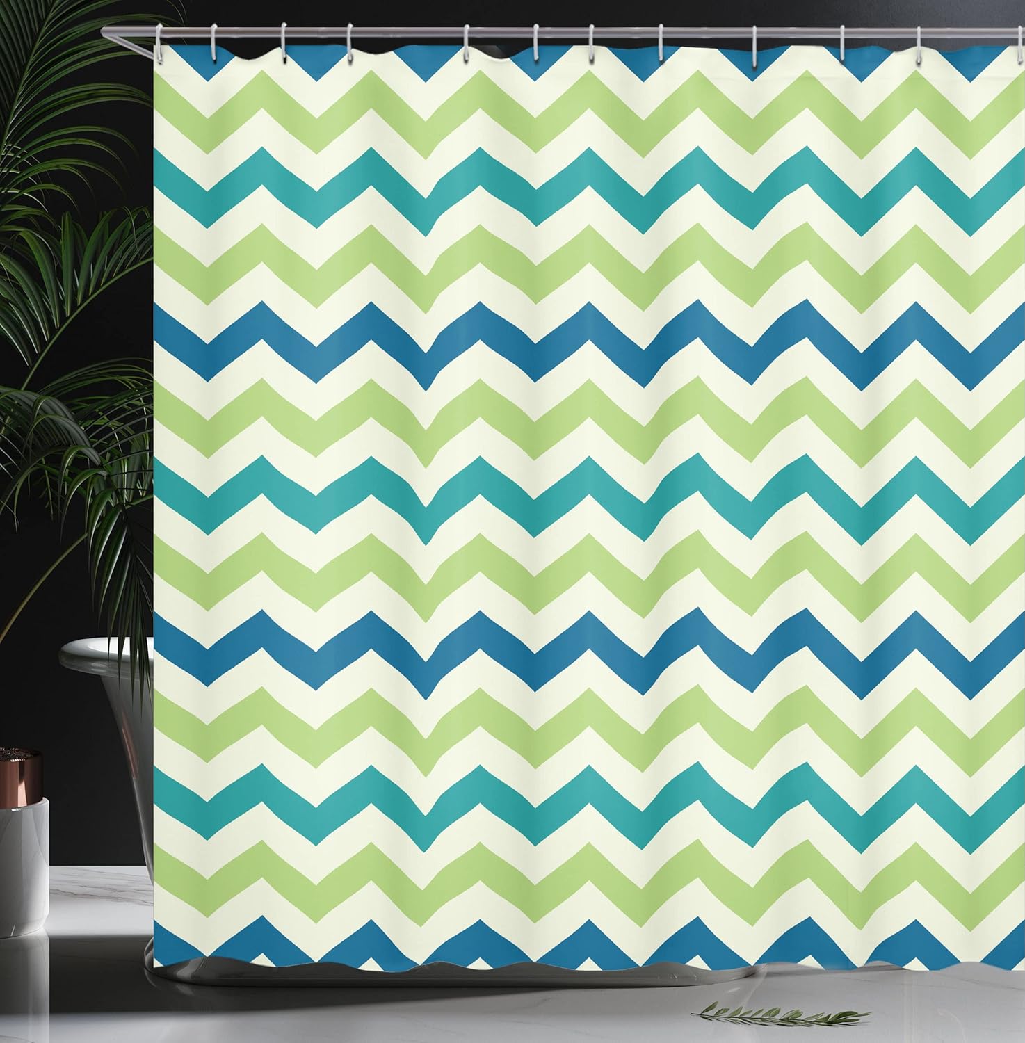 Ambesonne Chevron Shower Curtain, Continuous Vintage Style Zigzags Pattern of Classic Stripes in Nature Color Palette, Cloth Fabric Bathroom Decor Set with Hooks, 69" W x 70" L, Apple Green Navy Blue