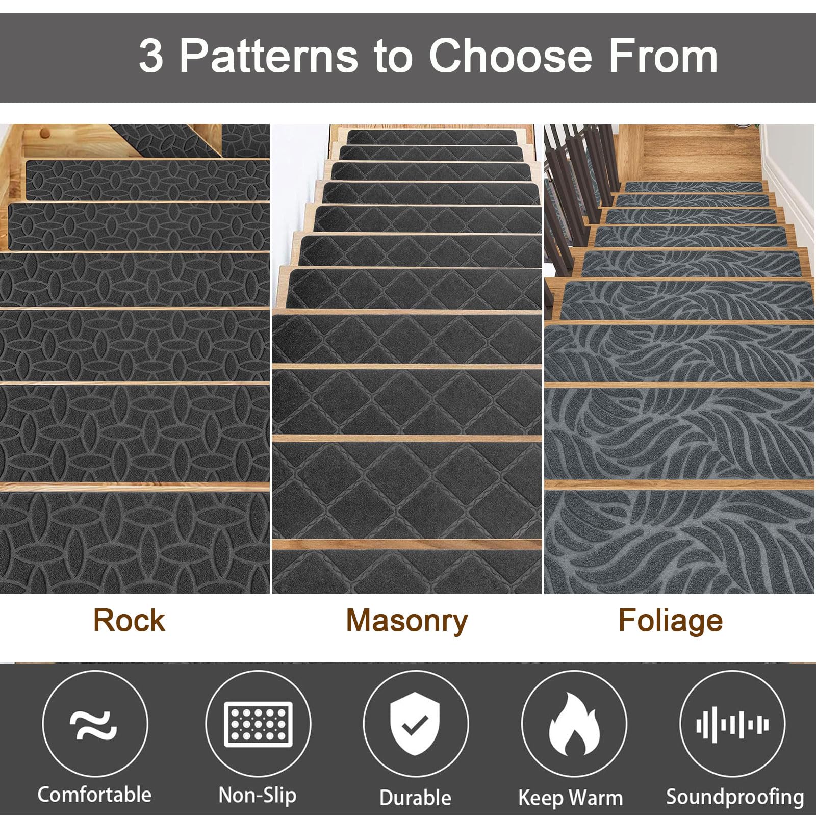 15PCS Alfombra Antideslizante para escaleras, Interior Alfombrillas de Escalera para Peldaños Autoadhesiva Amortigua Sonidos Protección, Pisadas Antideslizantes para Niños, Ancianos, Animales 76x20cm
