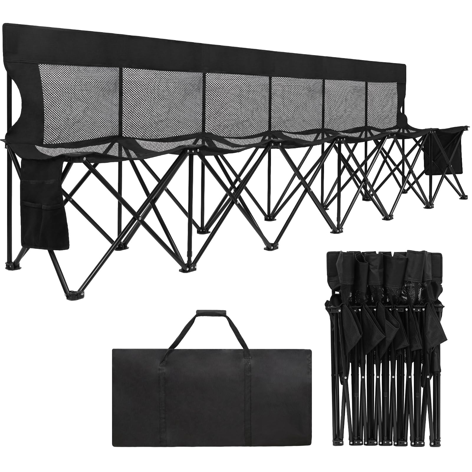 Soccer Bench- Folding Team Bench Soccer 6 Seats with Mesh,Black
