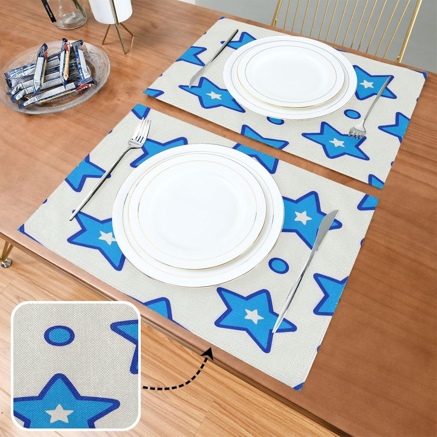 Custom Blue Stars Dot Blue Light Baby placemat with Plate Christmas placemats Cloth Washable Set 6 12 x 18 individuales para mesa de Papel