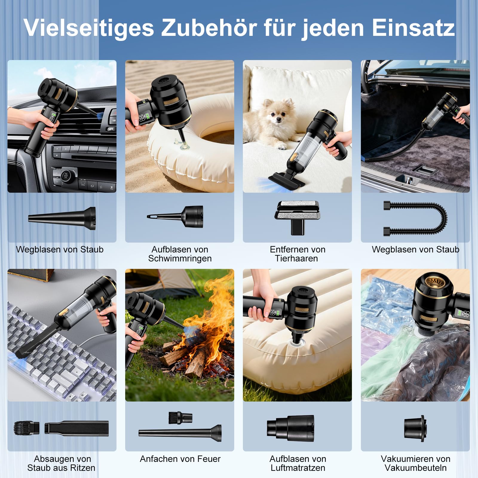 Handstaubsauger Akku 4-in-1, 32000Pa Auto Staubsauger Stark, Handstaubsauger Auto, LCD Display Autostaubsauger, Bürstenlosem Motor, 3-Gang 300000 U/min Staubsauger für Auto/Büro/Tierhaare