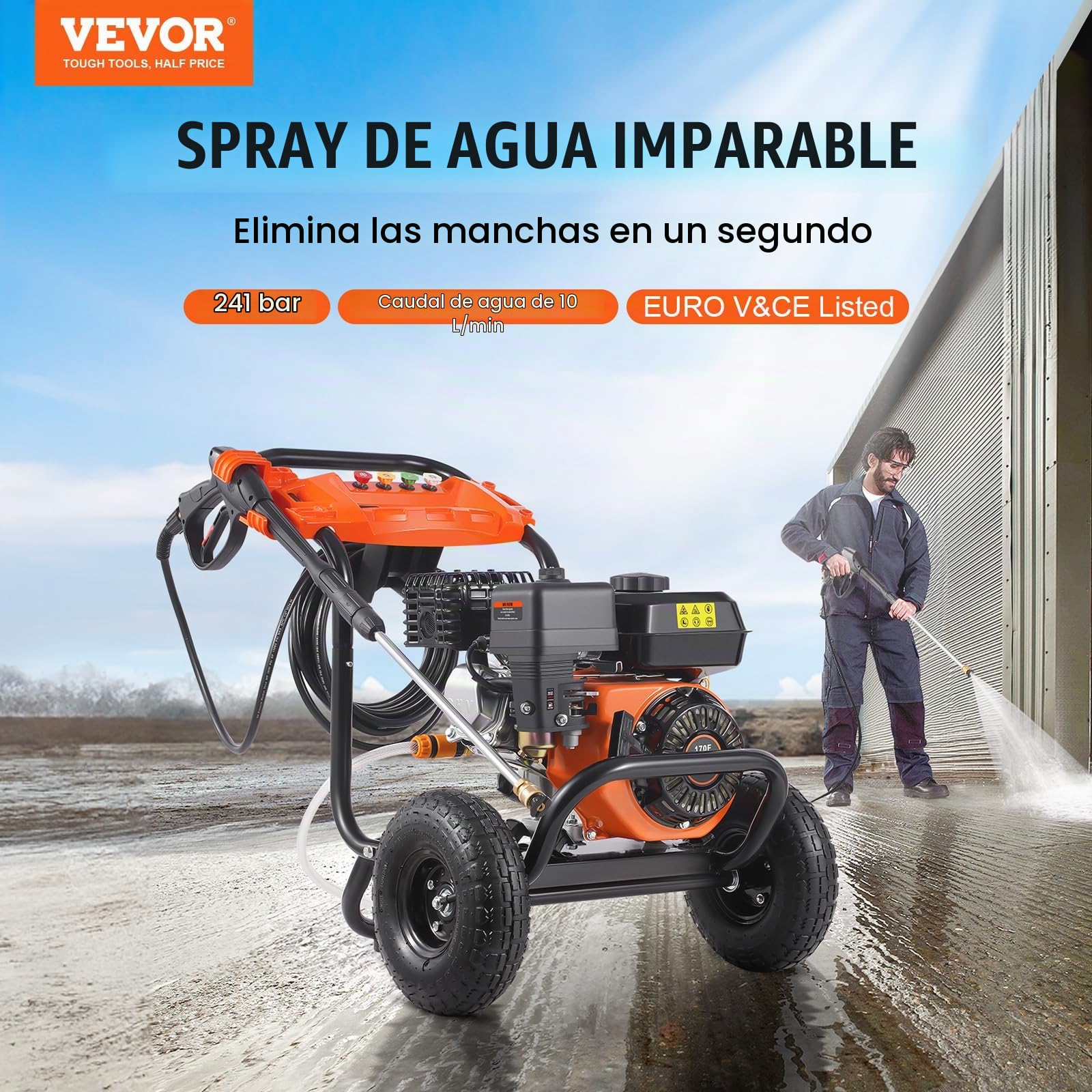 VEVOR Lavadora de Alta Presión a Gas 3500 PSI 2,6 GPM Limpiador de Alta Presión 10 L/min con Bomba de Aluminio, Pistola Rociadora, Varilla de Extensión, 5 Boquillas para Casas, Vehículos, Patios