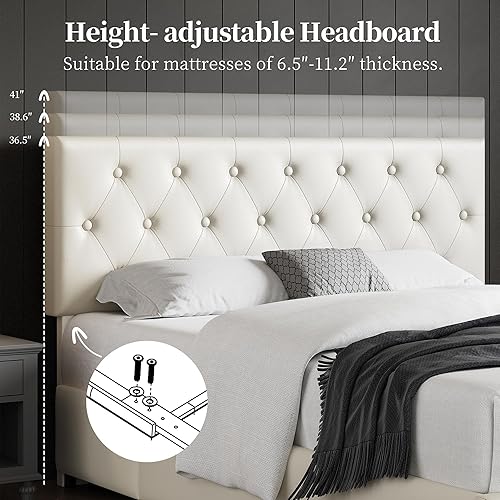 Miniatura 4 de Yaheetech Base de cama tapizada tamaño Queen con 4 cajones de almacenamiento y cabecera ajustable, plataforma de piel sintética con base de colchón,