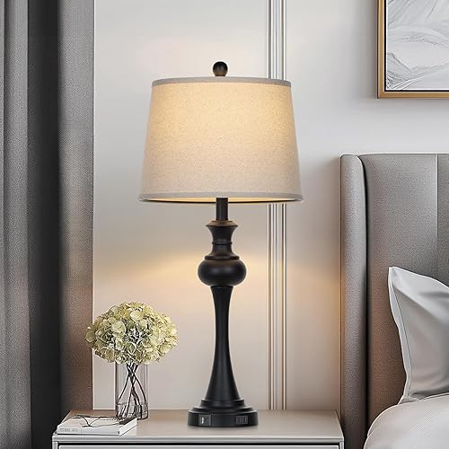 Miniatura 3 de Lámparas de mesa negras de 28.75 pulgadas, moderna lámpara de noche regulable de 3 vías con puertos USB A+C y salidas de CA para sala de estar,