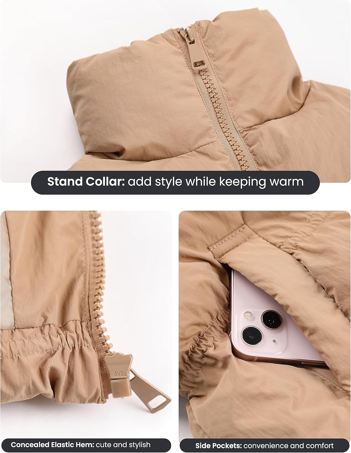 UANEO Womens Cropped Puffer Vest Zip Up Stand Collar Sleeveless Padded Cropped Vest - Image 3