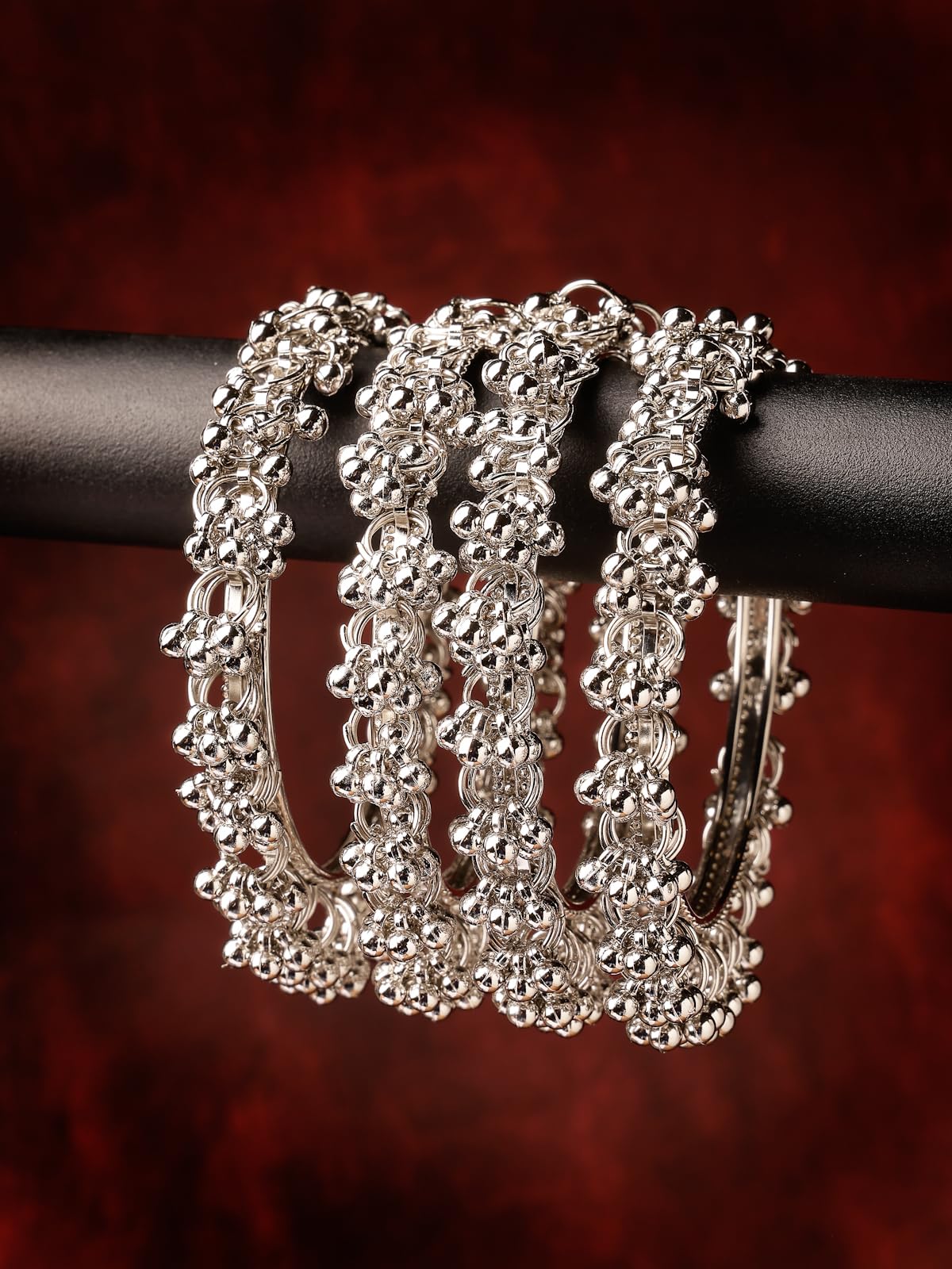 Sukkhi Navratri Festival Creative Oxidised Rhodium Plated Ghungroo Beadded Silver Bracelet Bangle Set Jewellery for Women & Girls |Set of 4 | Size 2.4|B106027 2