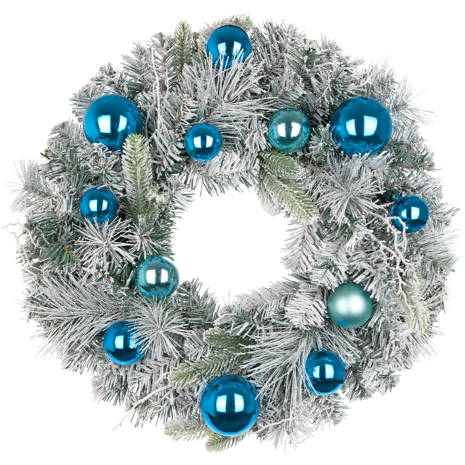 Oairse Couronne de Noël de 61 cm pour porte d'entrée, grande couronne de porte avec boules bleues, grande couronne artificielle décorative avec pin enneigé, décorations de Noël à suspendre pour