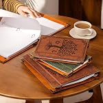 Ovesmusl Leather 3 Ring Binder Fits 8.5"x11" Letter Size Paper, 1 Inch Round Ring Binder Holds 200 Sheets, Notepad Paper Cover Loose Leaf Organizer, Brown Tree