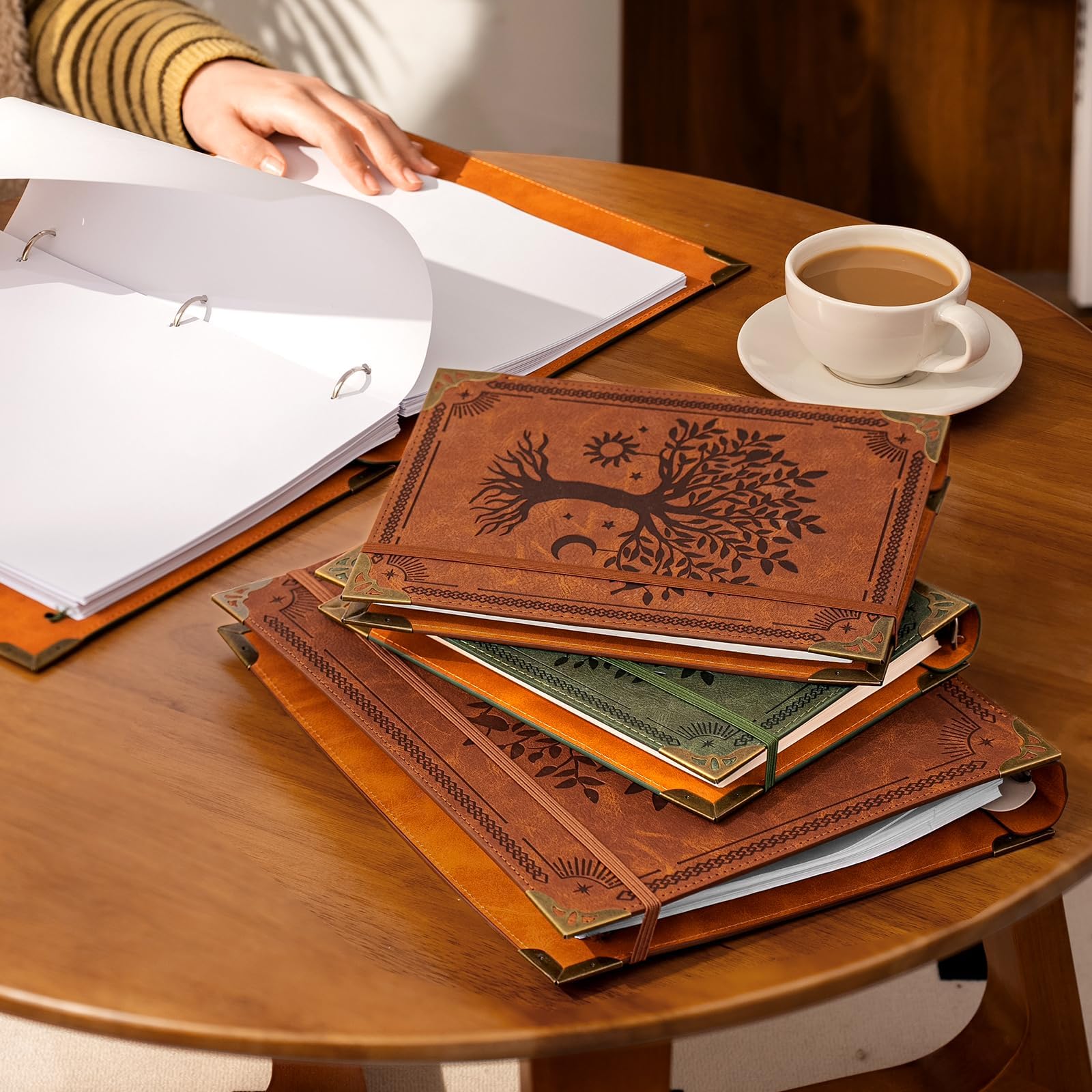 Leather 3 Ring Binder Fits 8.5"x11" Letter Size Paper, 1 Inch Round Ring Binder Holds 200 Sheets, Notebook Cover Loose Leaf Organizer, Green Tree