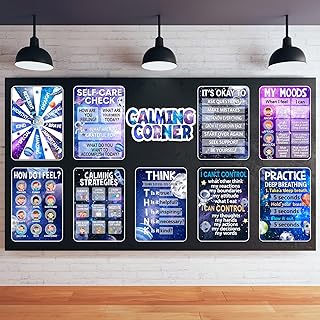 Funrous 10 Pcs Calming Corner Posters Space Themed Classroom Feeling Emotion Charts Mental Health Poster Decorations Calm Down Wall Art for Students Home Office School Educational Decor Supplies