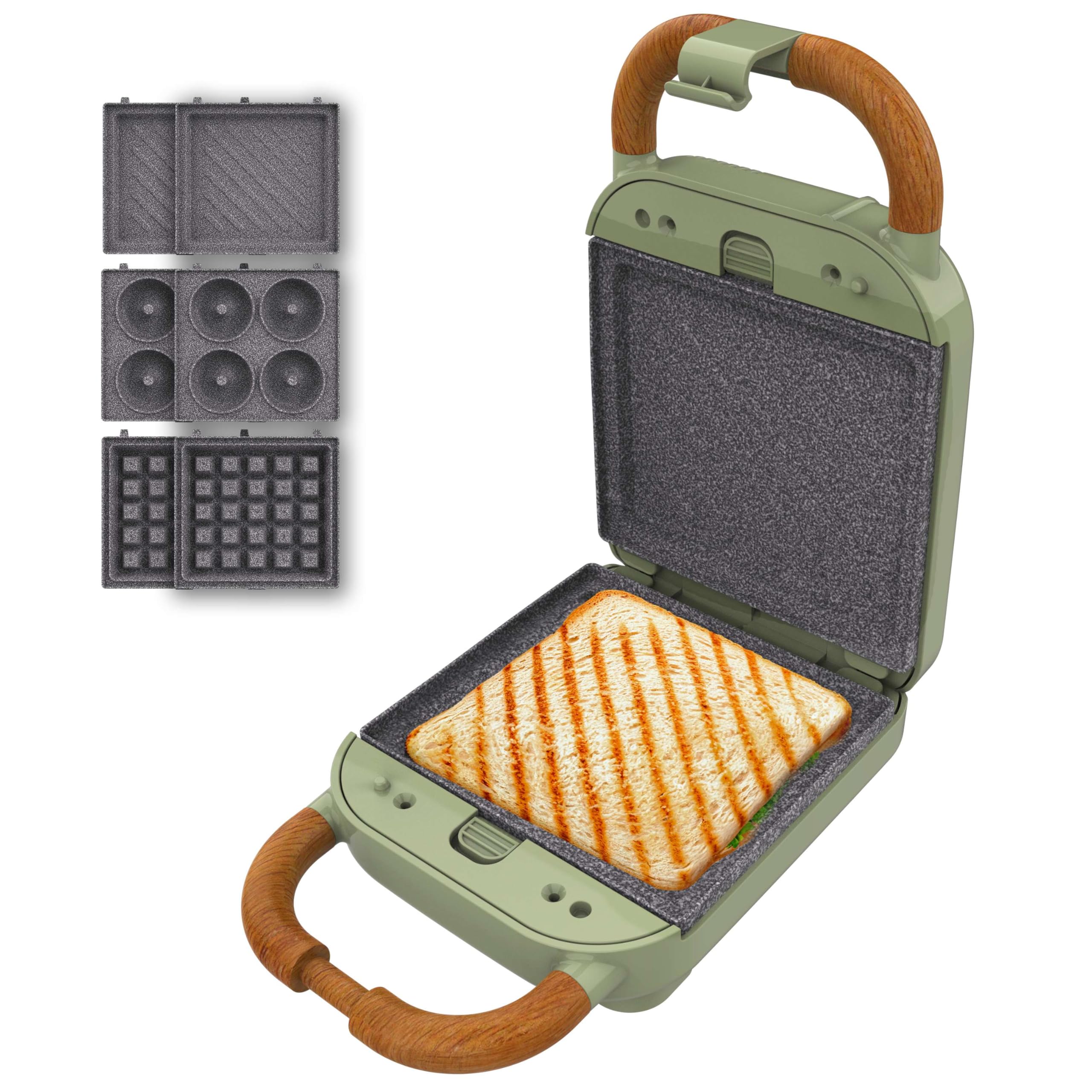 Cecotec Rock'Ntoast Retro One Green opiekacz do kanapek Vintage 700 W, 3 wymienne płyty, konstrukcja retro, powłoka Rockstone, wskaźnik świetlny, antypoślizgowy spód, uchwyt zimnego dotyku, zamknięcie