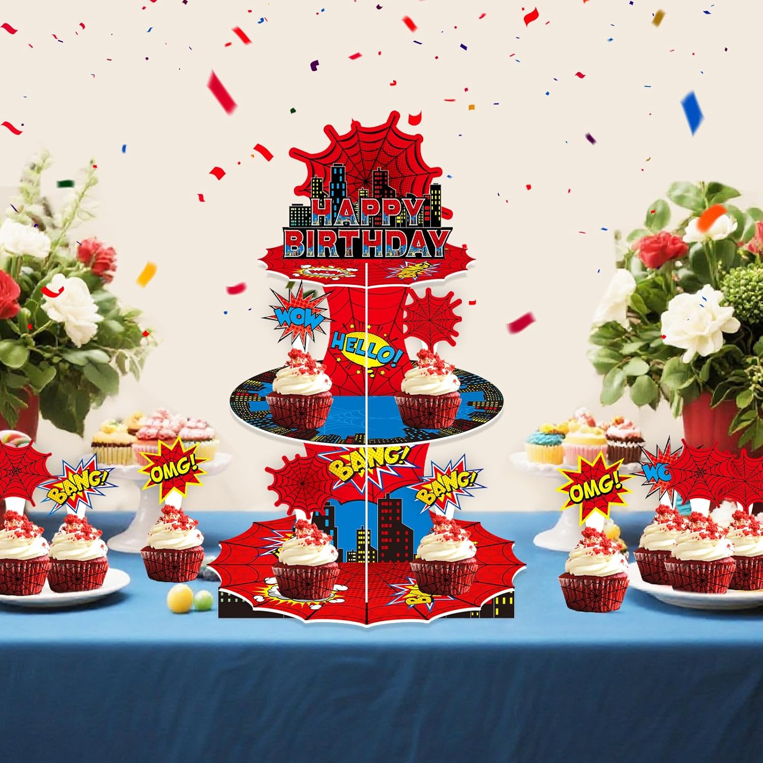 Spider web Birthday Party Supplies, 3 Tier Spider web Cupcake Stand Superhero Party Decorations Supplies for Kids Boys Themed Birthday Decorations - Image 5