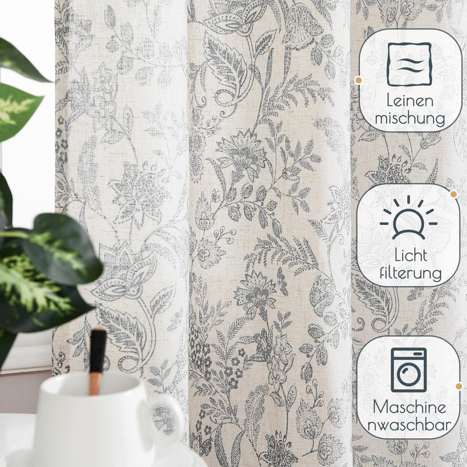 TOPICK Set di 2 tende floreali effetto lino, 210 x 140 cm (altezza x larghezza), grigio beige | Tende traslucide per soggiorno, stile rustico, oscuranti, con tunnel e passanti nascosti