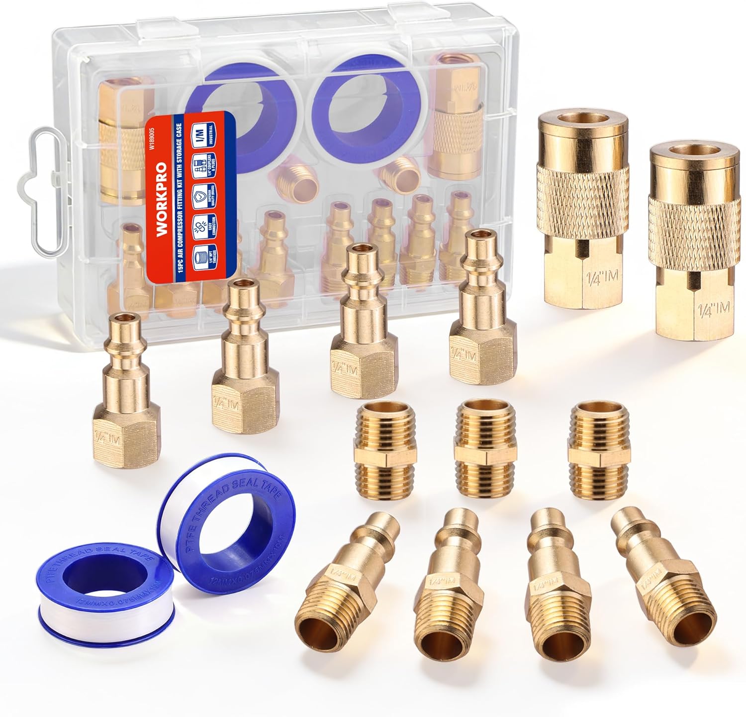 WORKPRO 16-Piece 1/4-Inch NPT Air Hose Fitting Kit with Storage Case, Quick Connect Brass Coupler & Plug for Air Compressor Accessories