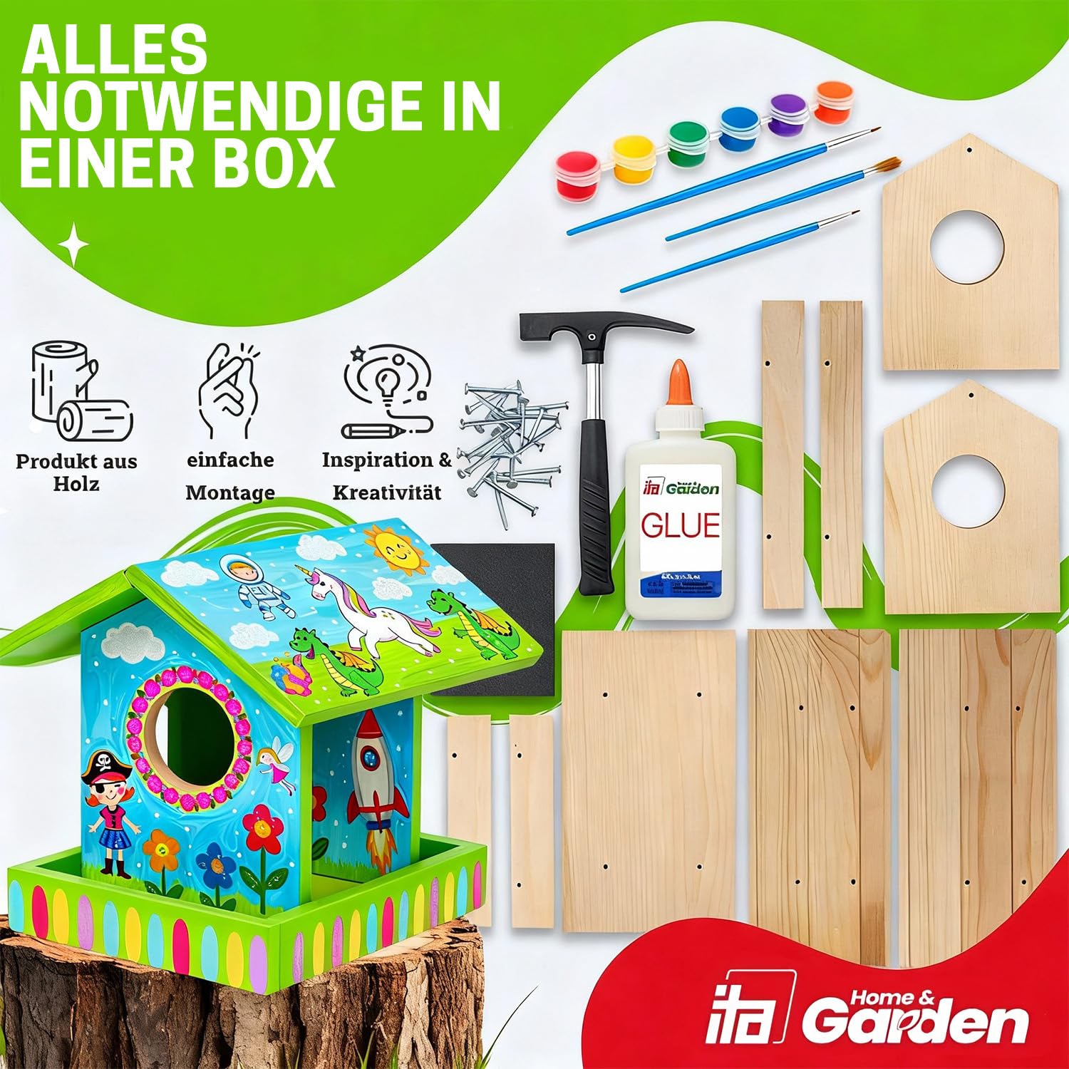 ITA DIY Futterhaus für Vögel zum Zusammenbauen und Bemalen BirdieBuffet - Vogelhaus Komplett Bausatz mit Hammer, Nägeln, Farben zum Bauen und Malen für Kinder - Bastelset für Jungen & Mädchen