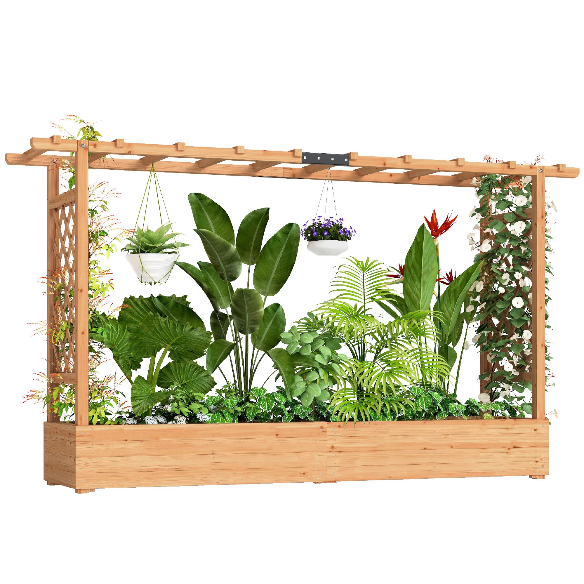 Outsunny Garden Planter with Trellis, Wooden Raised Bed for Garden with Hanging Roof and Drainage Holes, Outdoor Trellis Planter Box for Vegetables, Herbs and Flowers, 200 x 44 x 113.5 cm, Natural