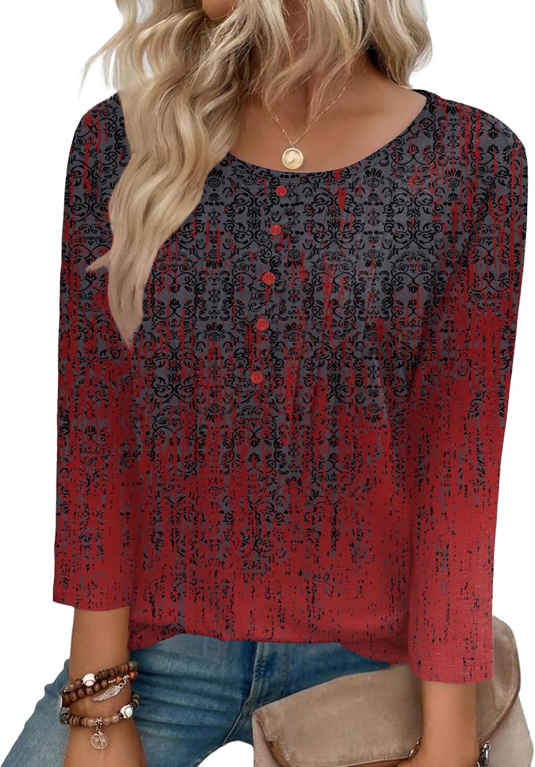 Zeagoo 3/4 Length Sleeve Womens Tops Round Neck Casual Summer Tunic Tops Basic Tees Blouses Dressy T-Shirts Pleated Shirts - Image 2